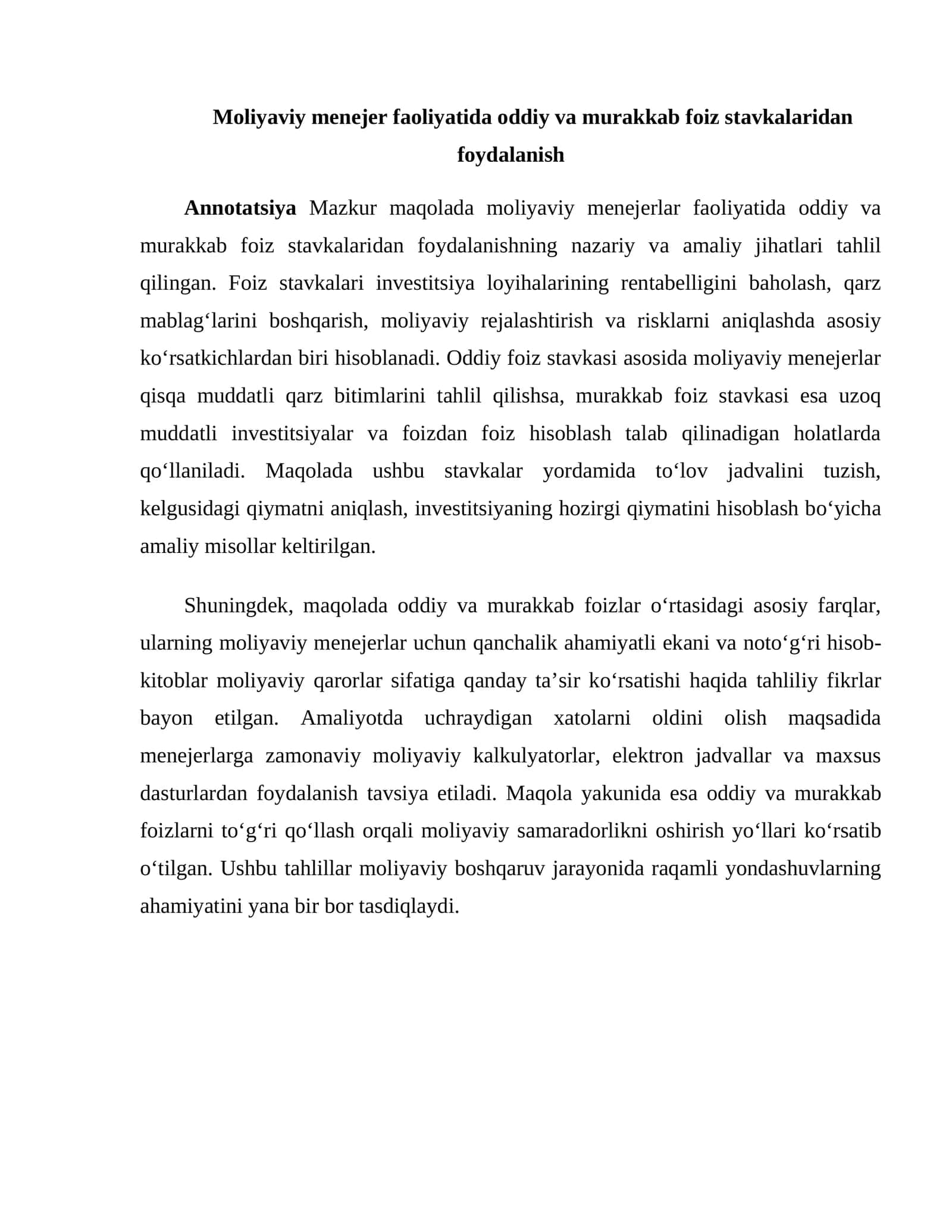 Moliyaviy menejer faoliyatida oddiy va murakkab foiz stavkalaridan foydalanish 1