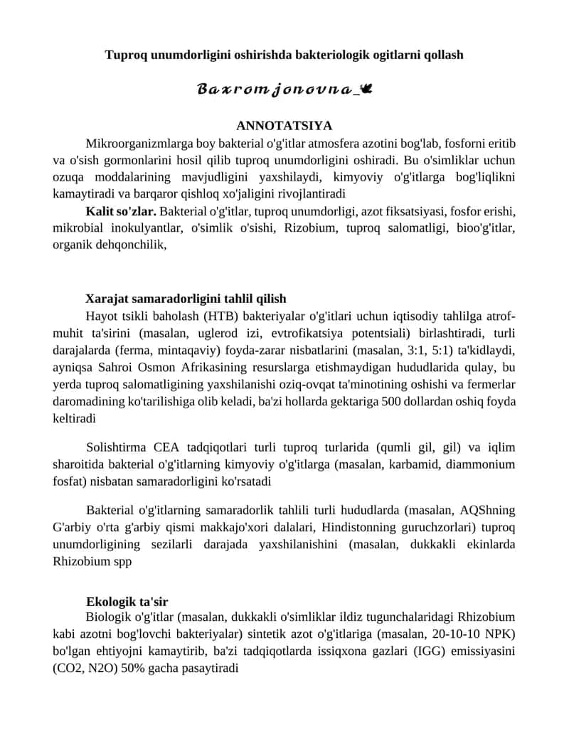 Tuproq unumdorligini oshirishda bakteriologik ogitlarni qollash 1