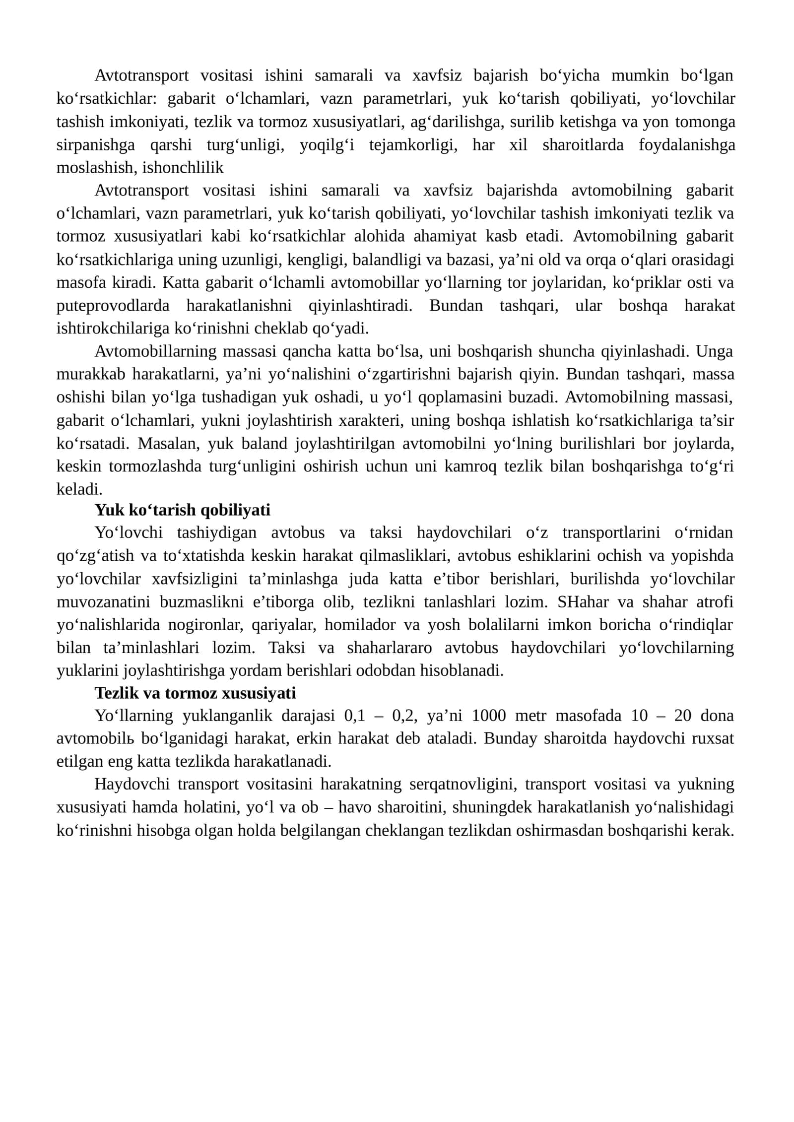 Avtotransport vositasi ishlashini samarali va xavfsiz bajarish bo'yicha mumkin bo'lgan ko'rsatkichlar 1