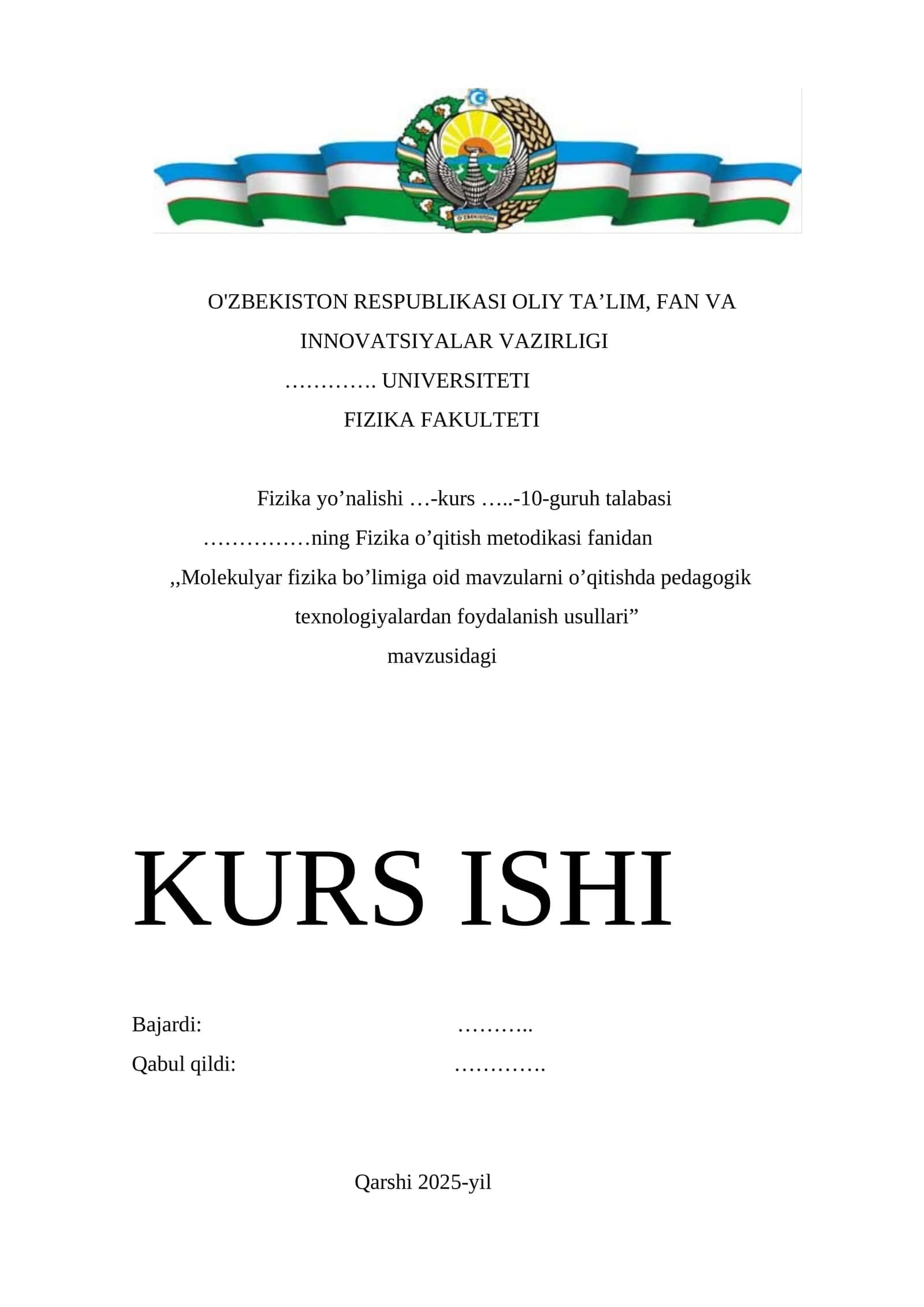 Molekulyar fizika bo’limiga oid mavzularni o’qitishda pedagogik texnologiyalardan foydalanish usullari mavzusida tayyor kurs ishi. 1