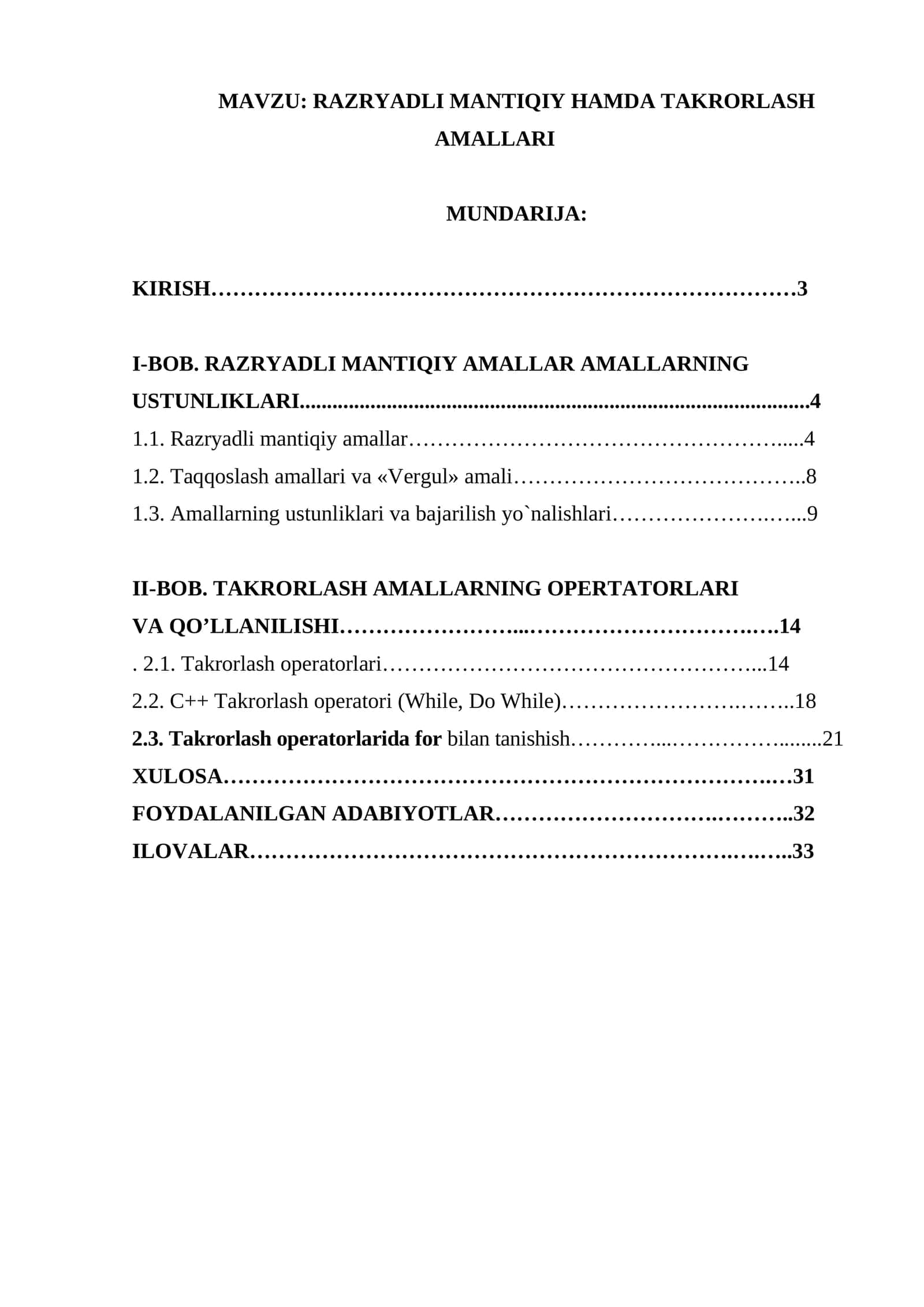 RAZRYADLI MANTIQIY HAMDA TAKRORLASH AMALLARI 1