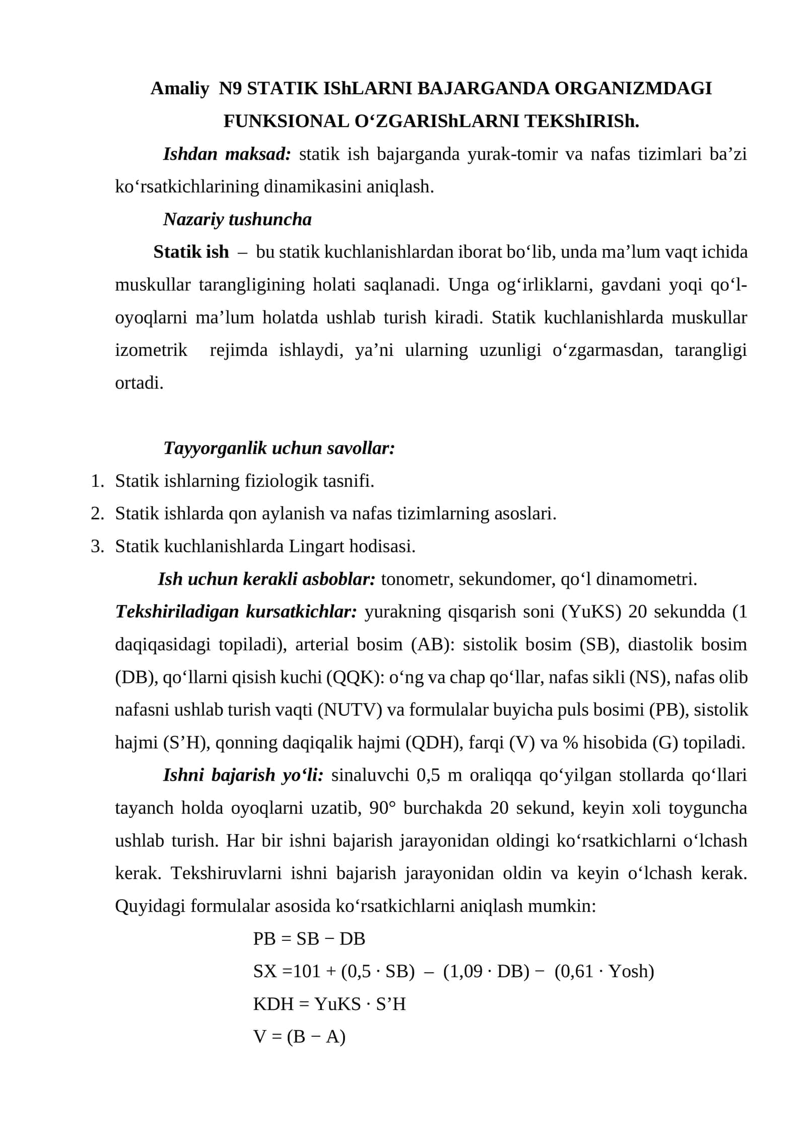 Amaliy N9 STATIK IShLARNI BAJARGANDA ORGANIZMDAGI FUNKSIONAL O‘ZGARIShLARNI TEKShIRISh 1