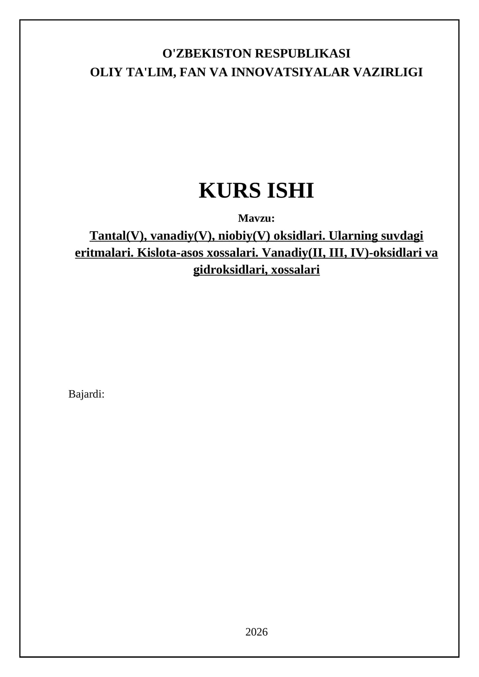 Tantal(V), vanadiy(V), niobiy(V) oksidlari. Ularning suvdagi eritmalari. Kislota-asos xossalari. Vanadiy(II, III, IV)-oksidlari va gidroksidlari, xossalari 1