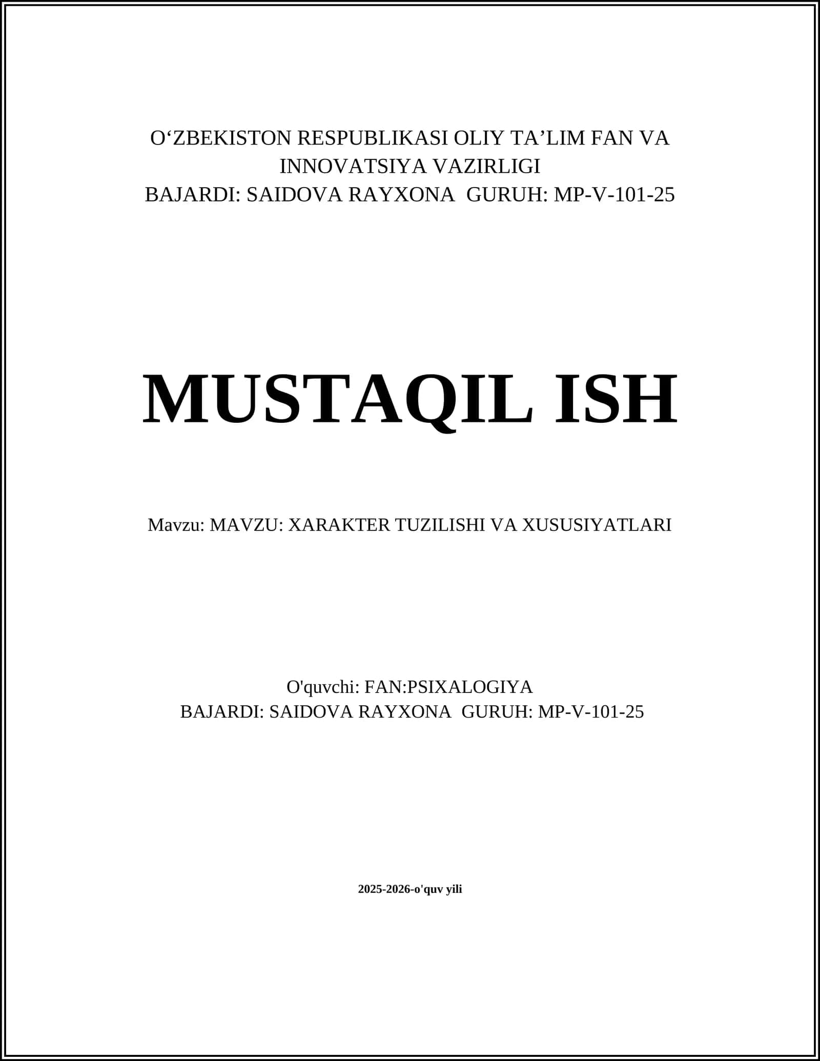 XARAKTER TUZILISHI VA XUSUSIYATLARI 1