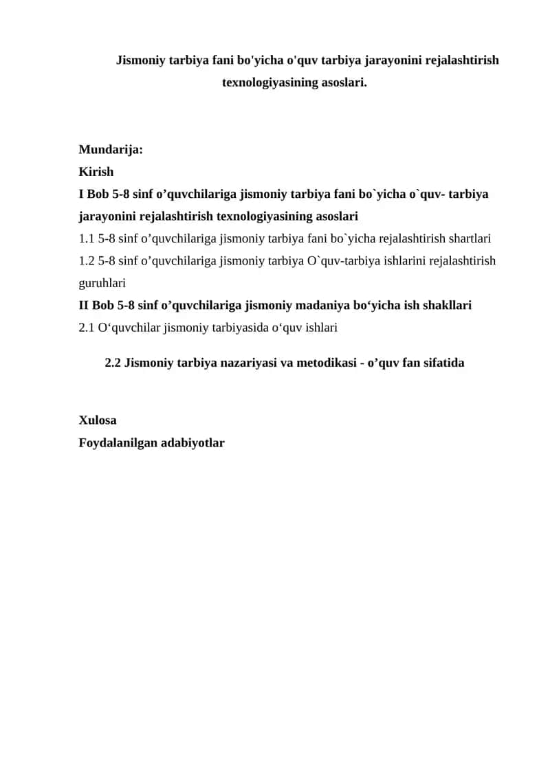 Jismoniy tarbiya fani bo'yicha o'quv tarbiya jarayonini rejalashtirish texnologiyasi 1