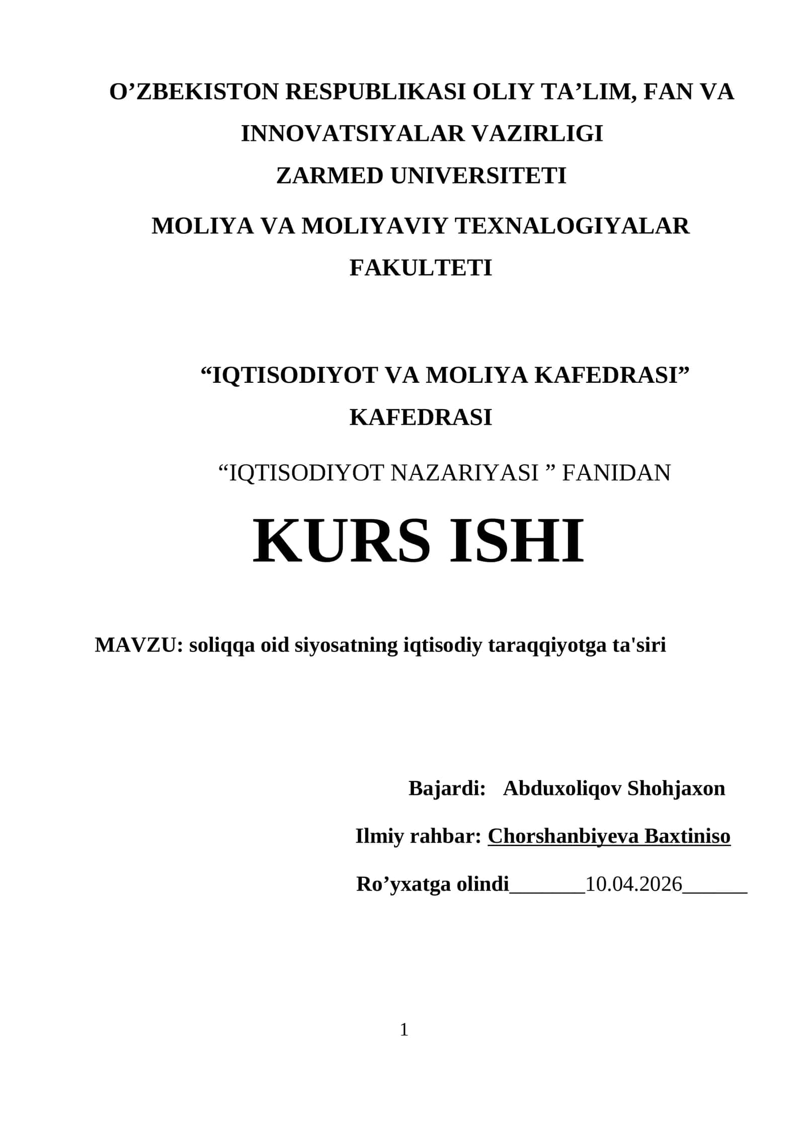 KURS ISHI: soliqqa oid siyosatning iqtisodiy taraqqiyotga ta'siri 1
