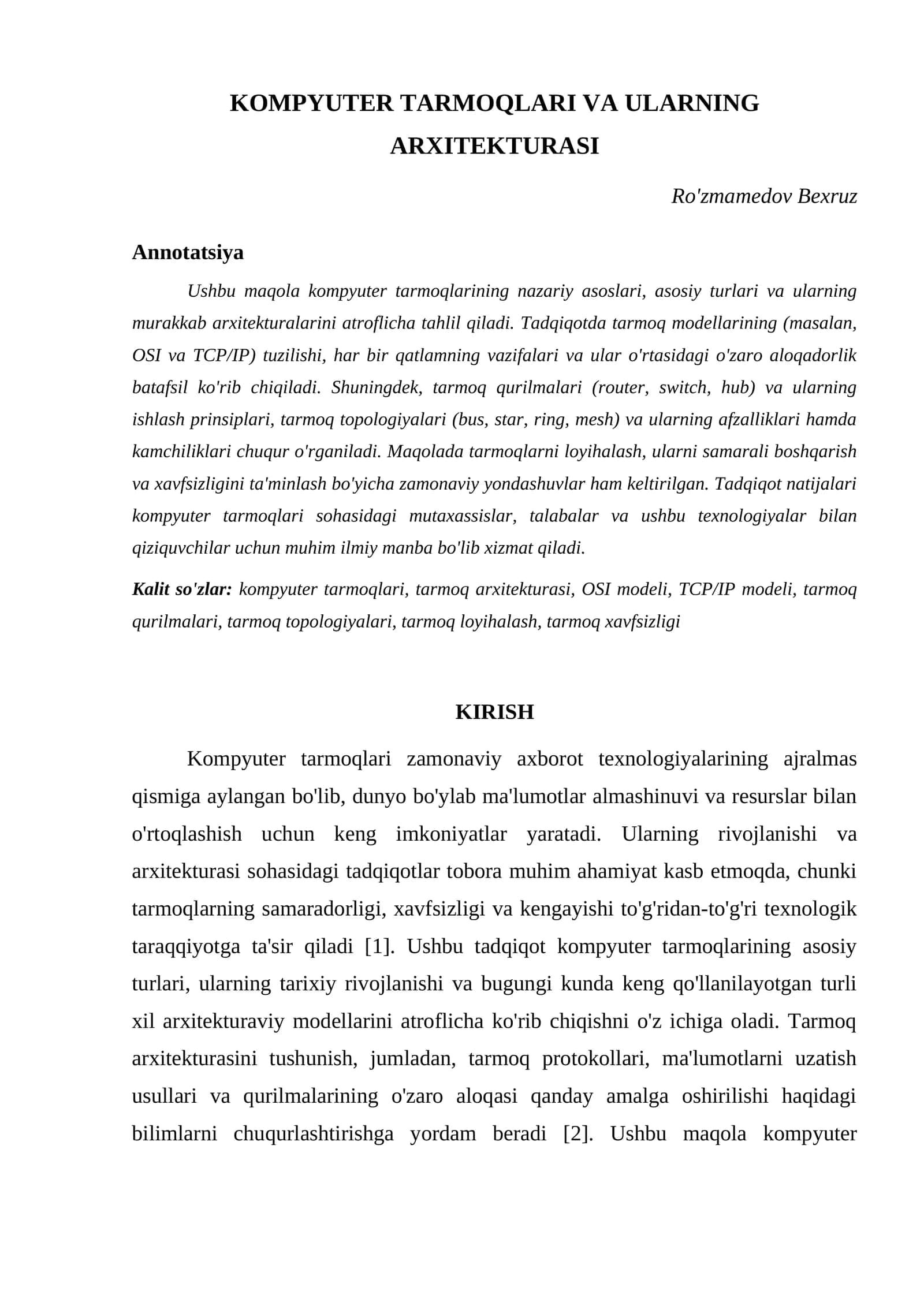 KOMPYUTER TARMOQLARI VA ULARNING ARXITEKTURASI 1