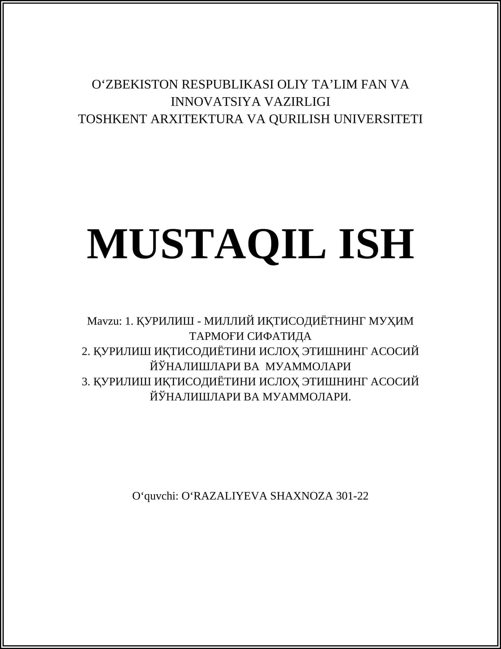 Қурилиш - Миллий иқтисодиётнинг муҳим тармоғи сифатида 1