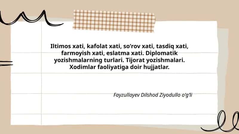 Diplomatik va tijorat yozishmalari. Xodimlar faoliyatiga doir hujjatlar 1
