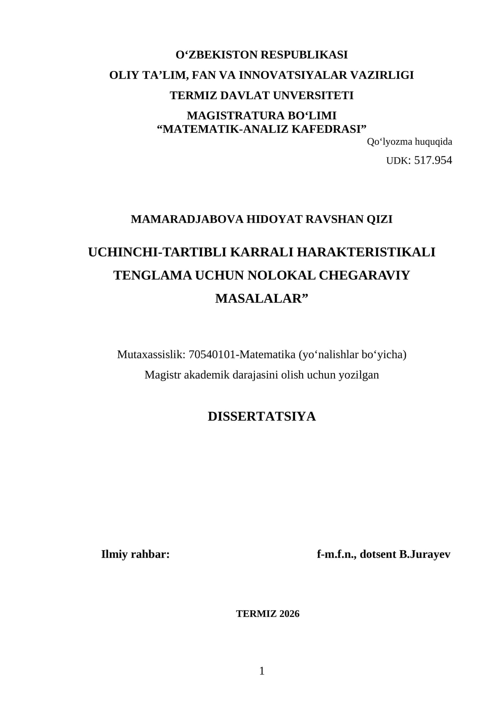 MUFASSAL KARRALI HARAKTERISTIKALI TENGLAMA UCHUN NOLOKAL CHEGARAVIY MASALALAR 1