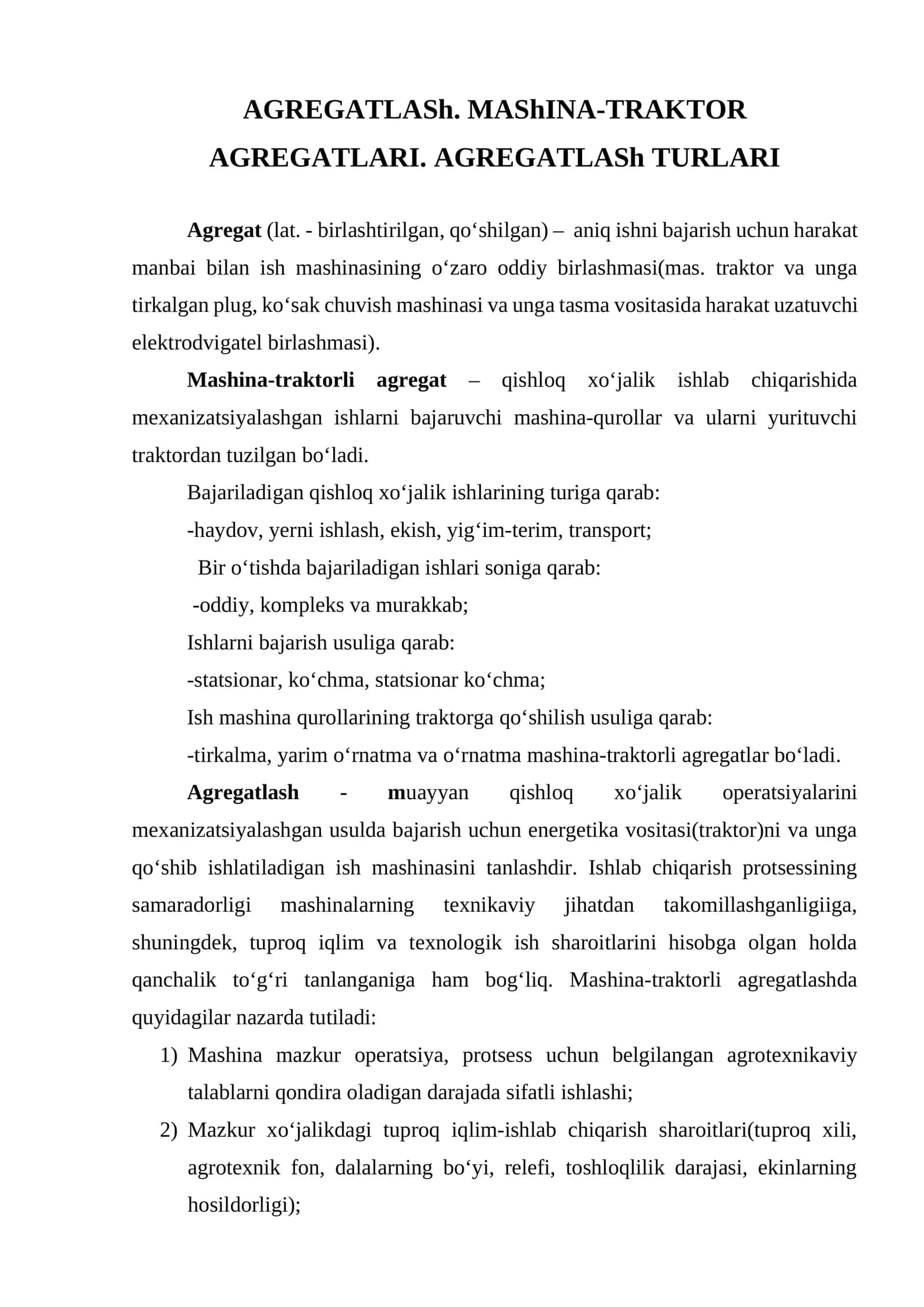AGREGATLASh. MAShINA-TRAKTOR AGREGATLARI. AGREGATLASh TURLARI 1