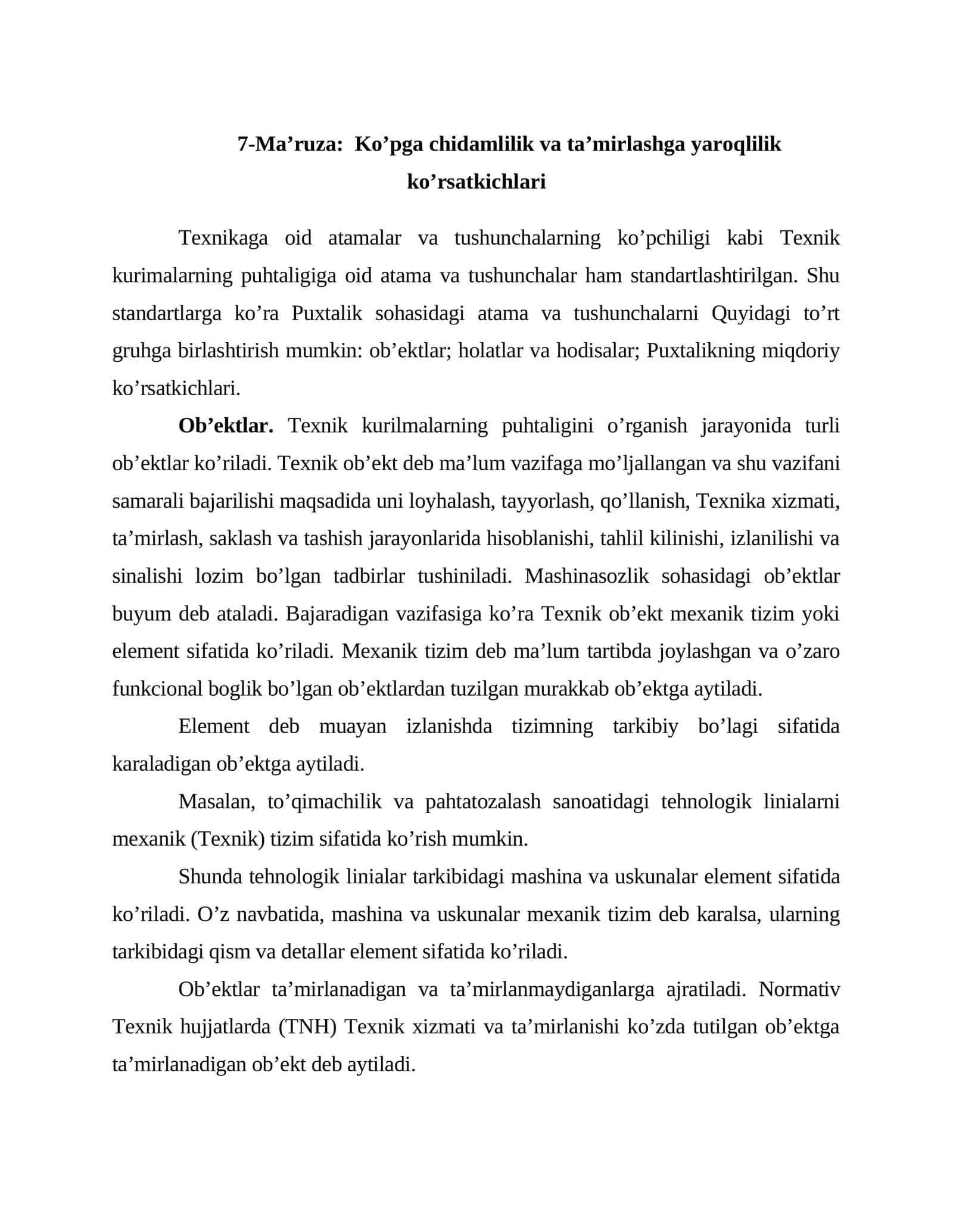 Ko’pga chidamlilik va ta’mirlashga yaroqlilik ko’rsatkichlari 1