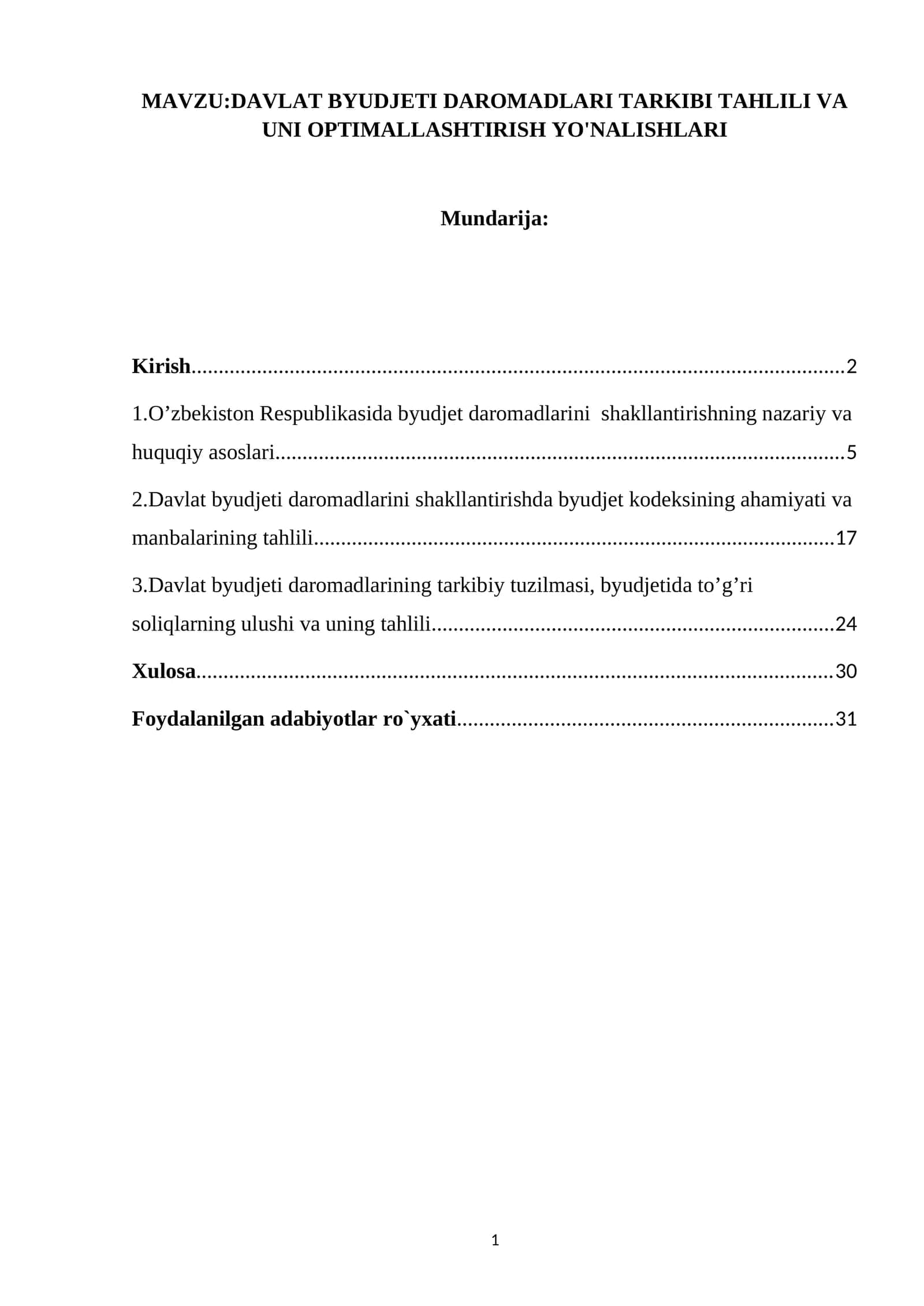 DAVLAT BYUDJETI DAROMADLARI TARKIBI TAHLILI VA UNI OPTIMALLASHTIRISH YO'NALISHLARI 1