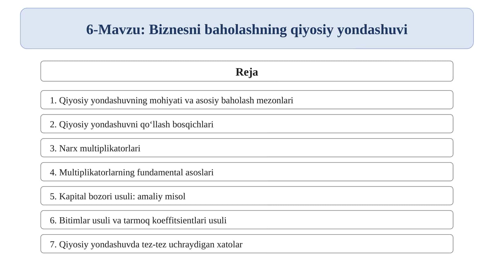 Biznesni baholashning qiyosiy yondashuvi 1