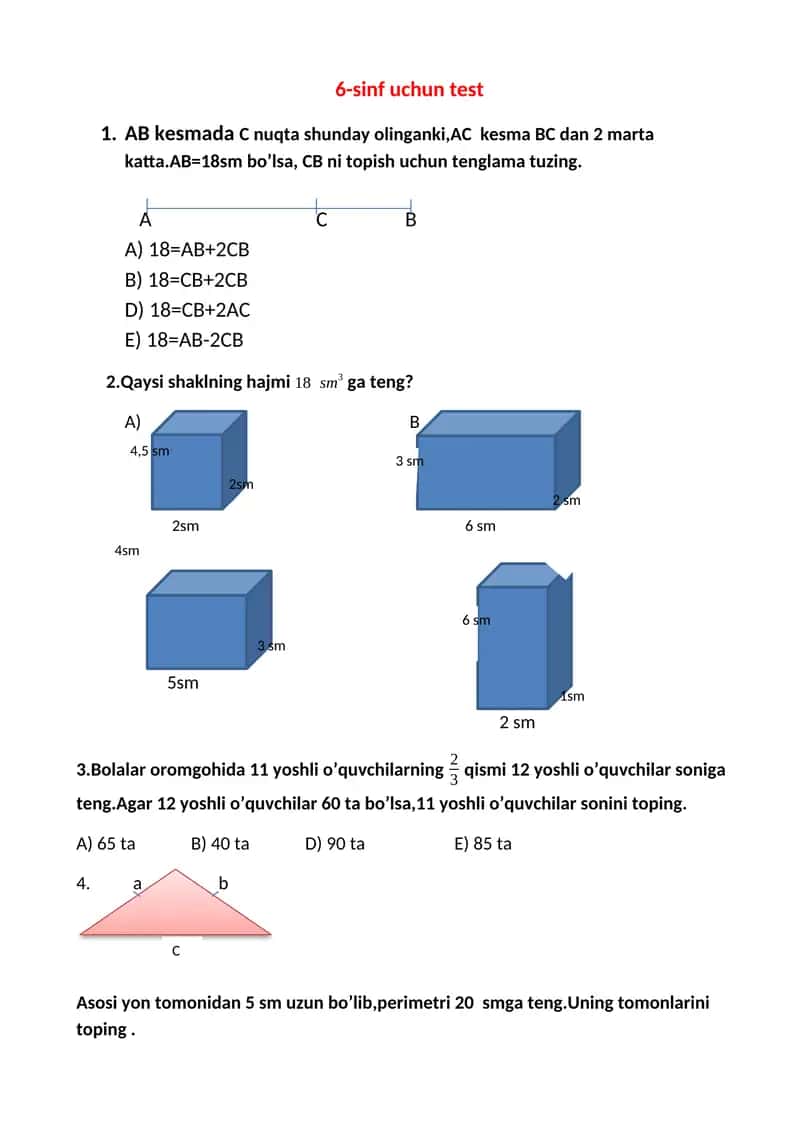6-sinf uchun test 1