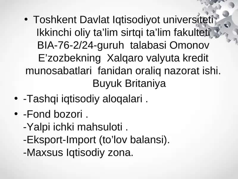 Omonov E’zozbekning Xalqaro valyuta kredit munosabatlari fanidan oraliq nazorat ishi 1