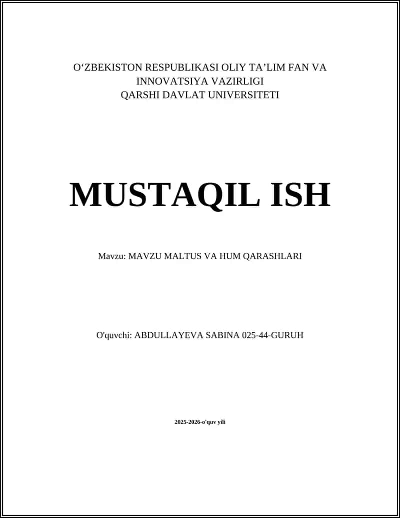 MAVZU MALTUS VA HUM QARASHLARI 1