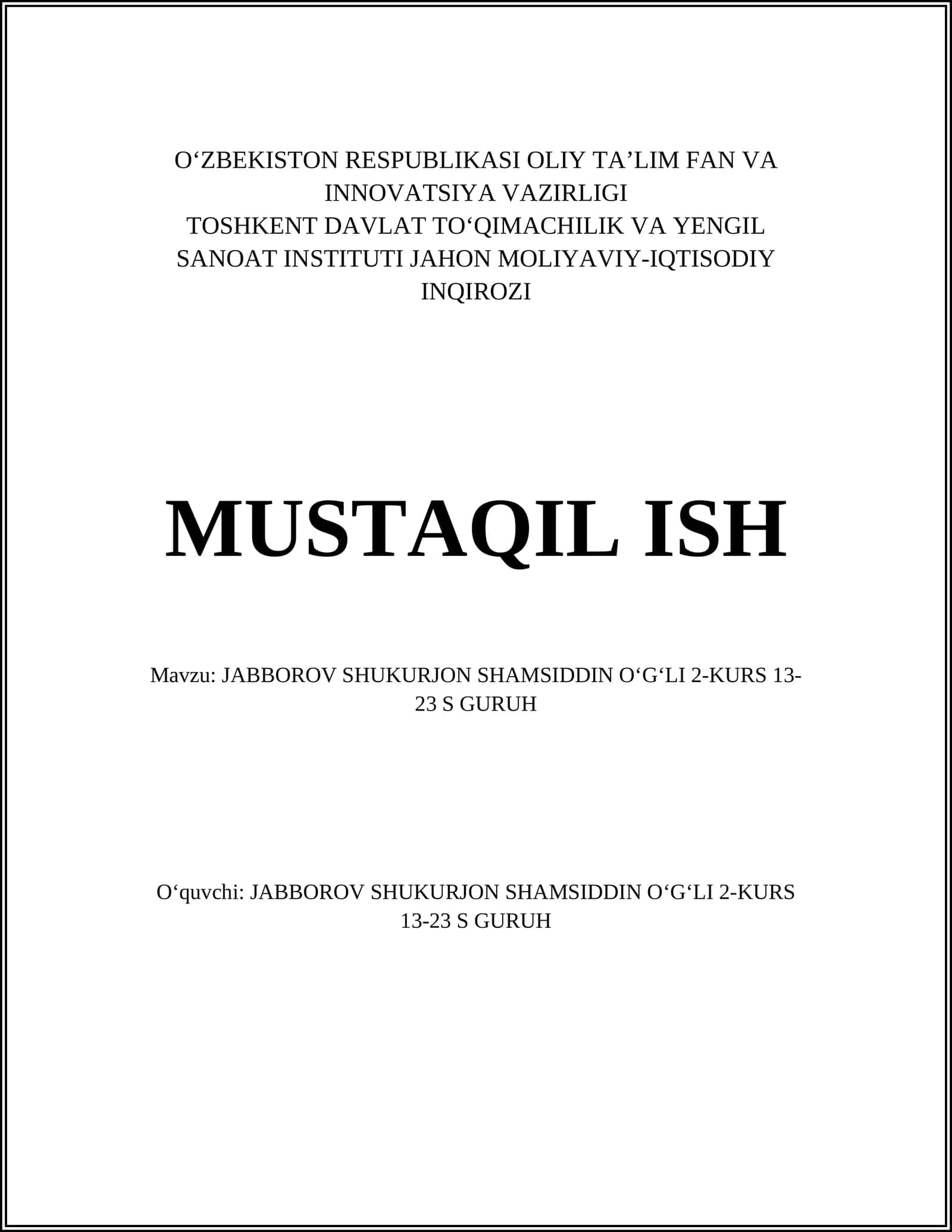 Jabbborov Shukurjonning ta'lim olishi haqida 1