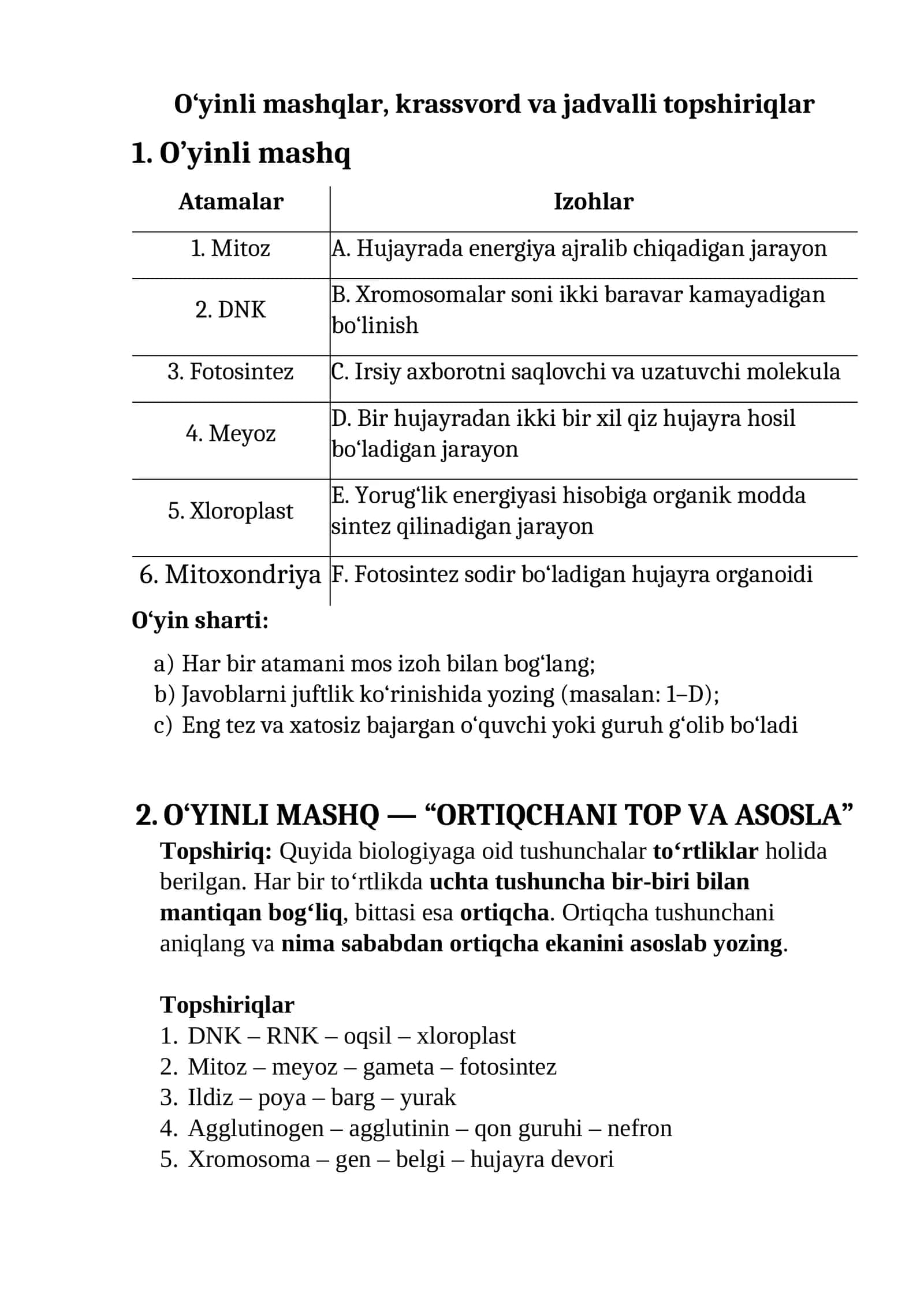 O‘yinli mashqlar, krassvord va jadvalli topshiriqlar 1