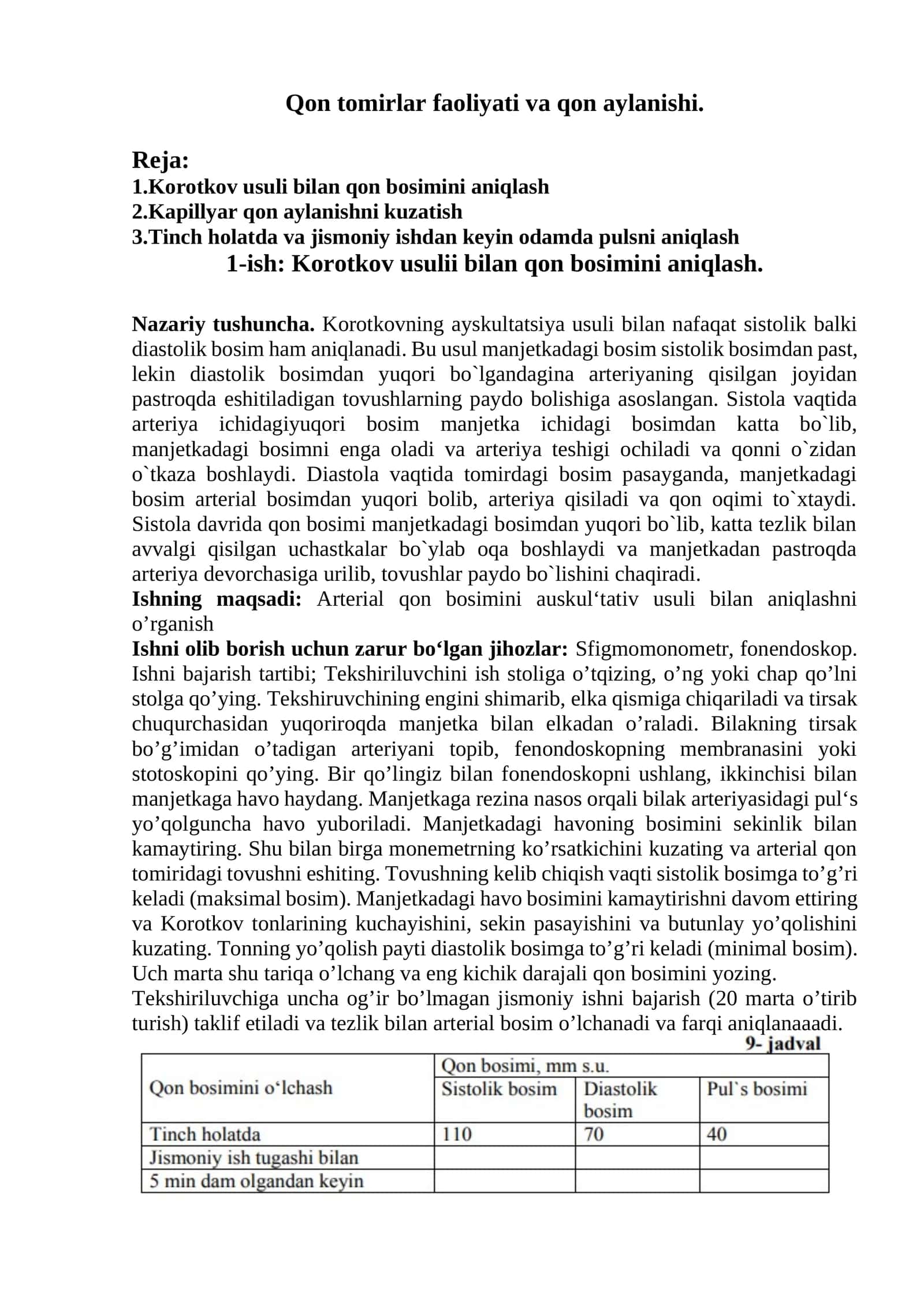 Qon tomirlar faoliyati va qon aylanishi 1