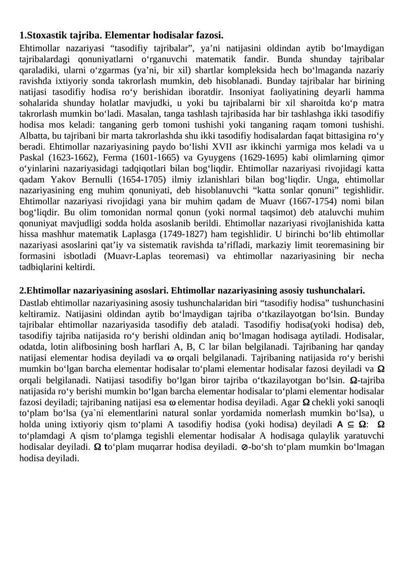 Stoxastik tajriba. Elementar hodisalar fazosi. 1