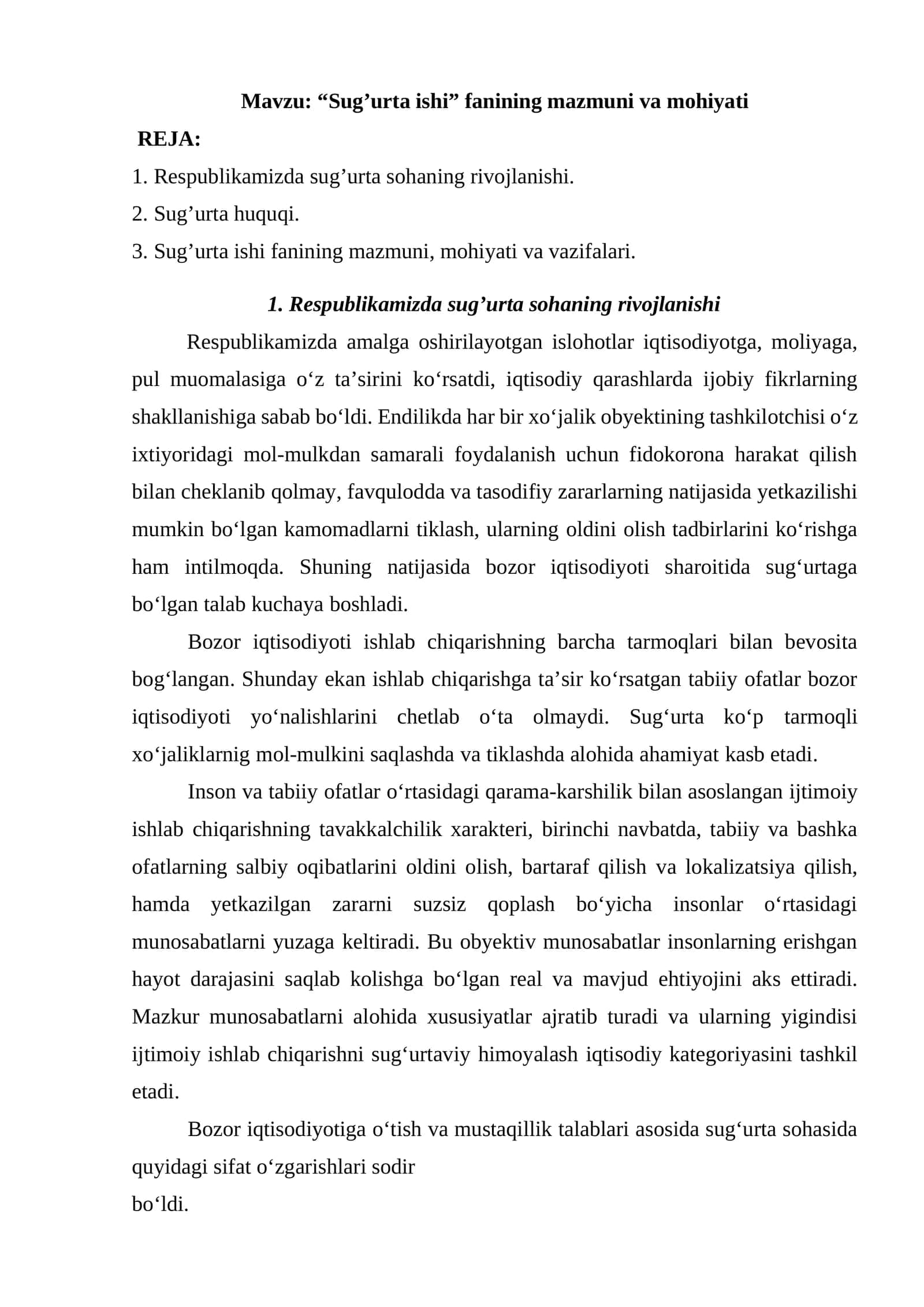 “Sug’urta ishi” fanining mazmuni va mohiyati 1