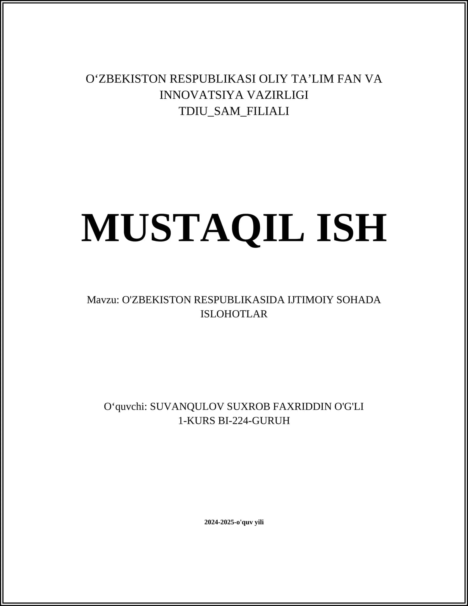 O'ZBEKISTON RESPUBLIKASIDA IJTIMOIY SOHADA ISLOHOTLAR 1