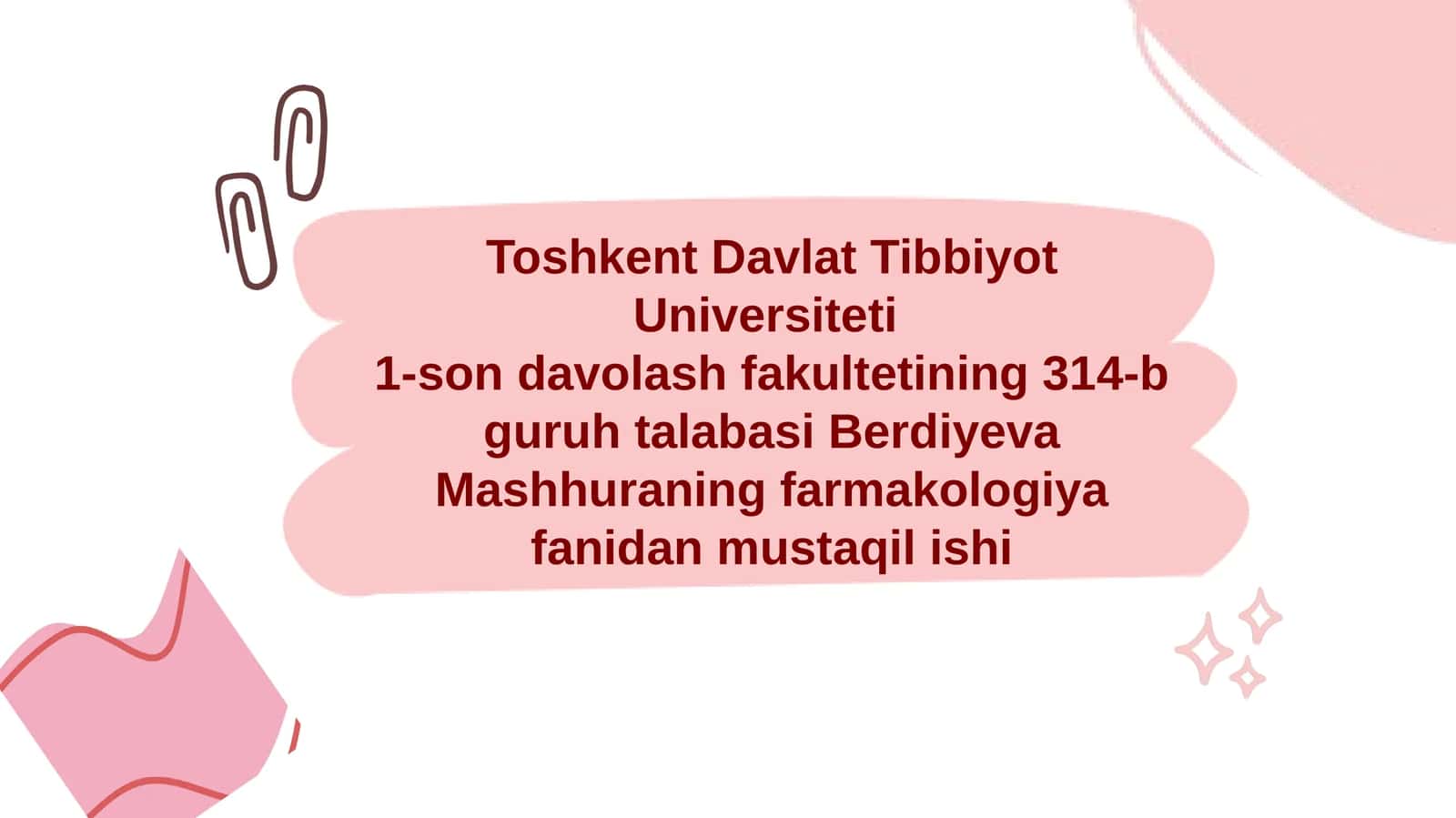 1-son davolash fakultetining 314-b guruhta labasi Berdiyeva Mashhurani farmakologiya fanidan mustaqil ishi 1