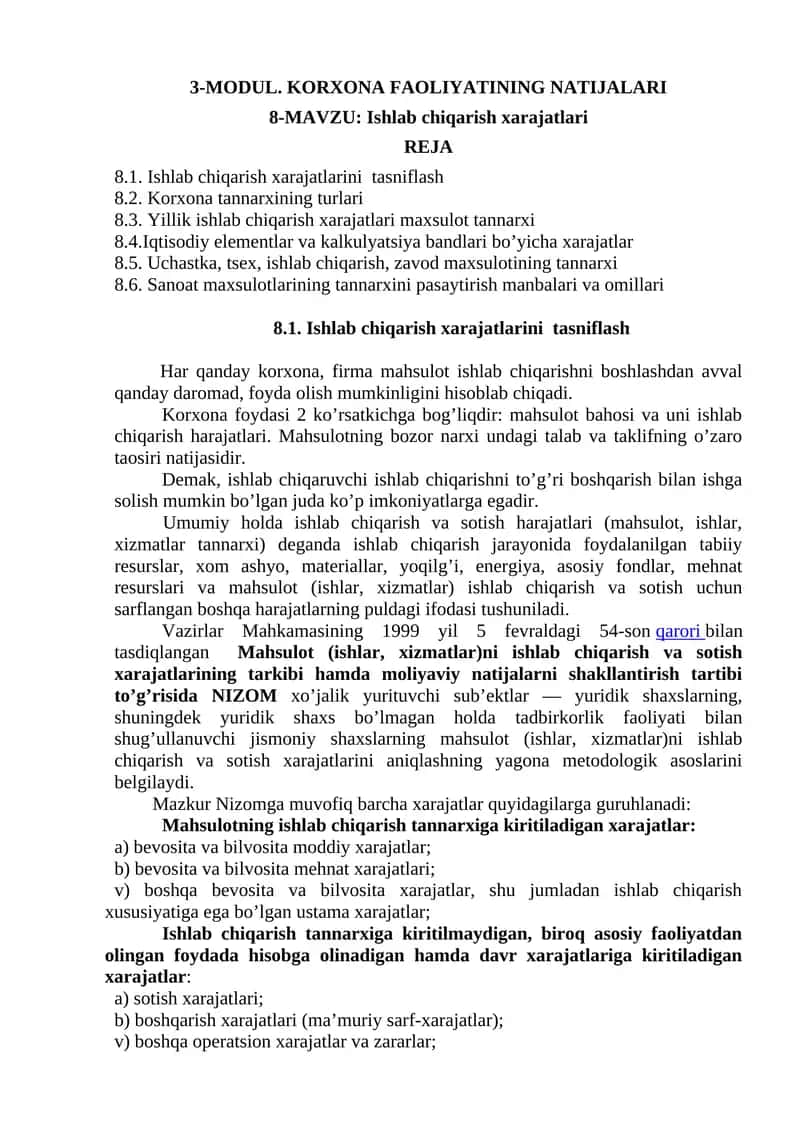 Ishlab chiqarish xarajatlari 1