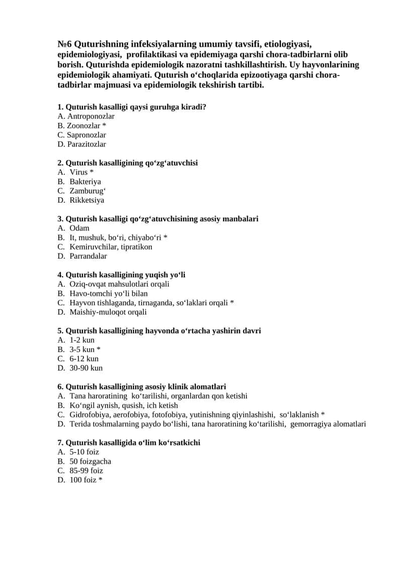 №6 Quturishning infeksiyalarning umumiy tavsifi, etiologiyasi, epidemiologiyasi, profilaktikasi va epidemiyaga qarshi chora-tadbirlarni olib borish 1