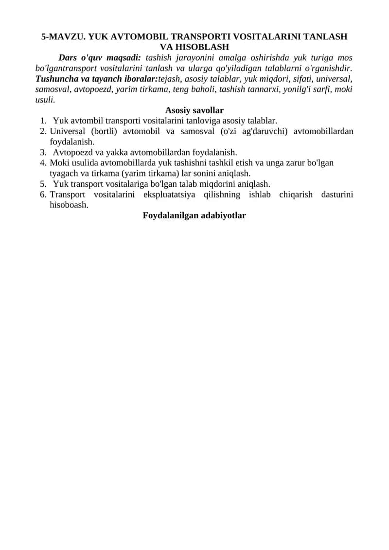 YUK AVTOMOBIL TRANSPORTI VOSITALARINI TANLASH VA HISOBLASH 1