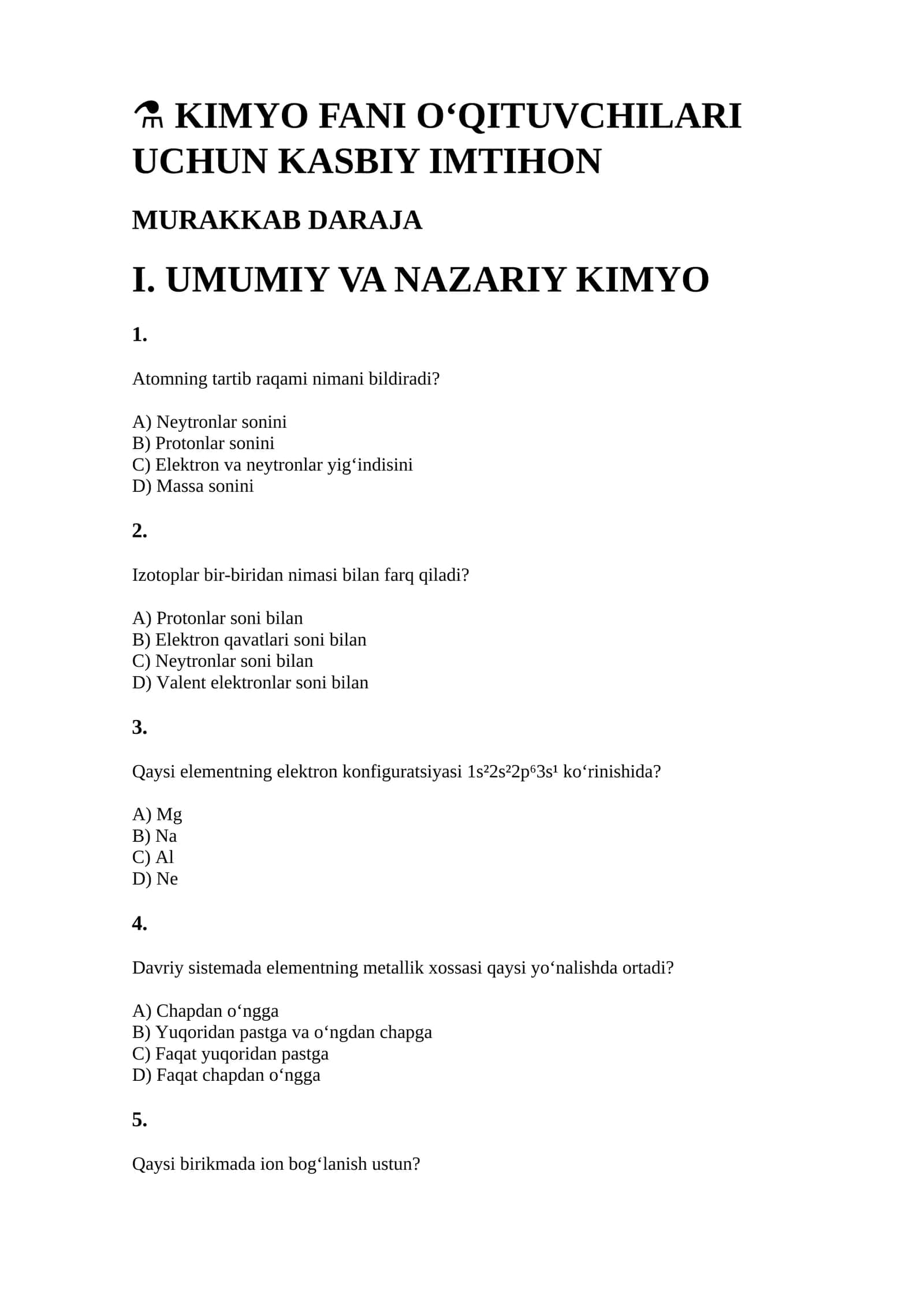 KIMYO FANI O‘QITUVCHILARI UCHUN KASBIY IMTIHON MURAKKAB DARAJA 1