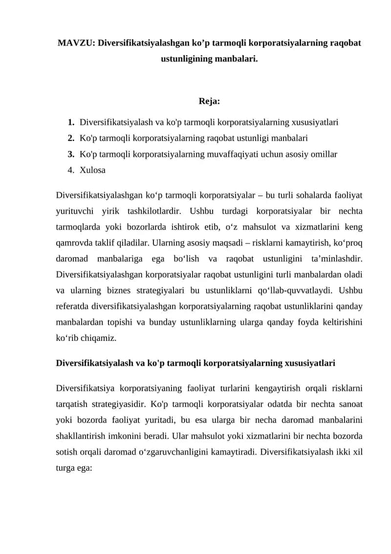 Diversifikatsiyalashgan ko‘p tarmoqli korporatsiyalar 1