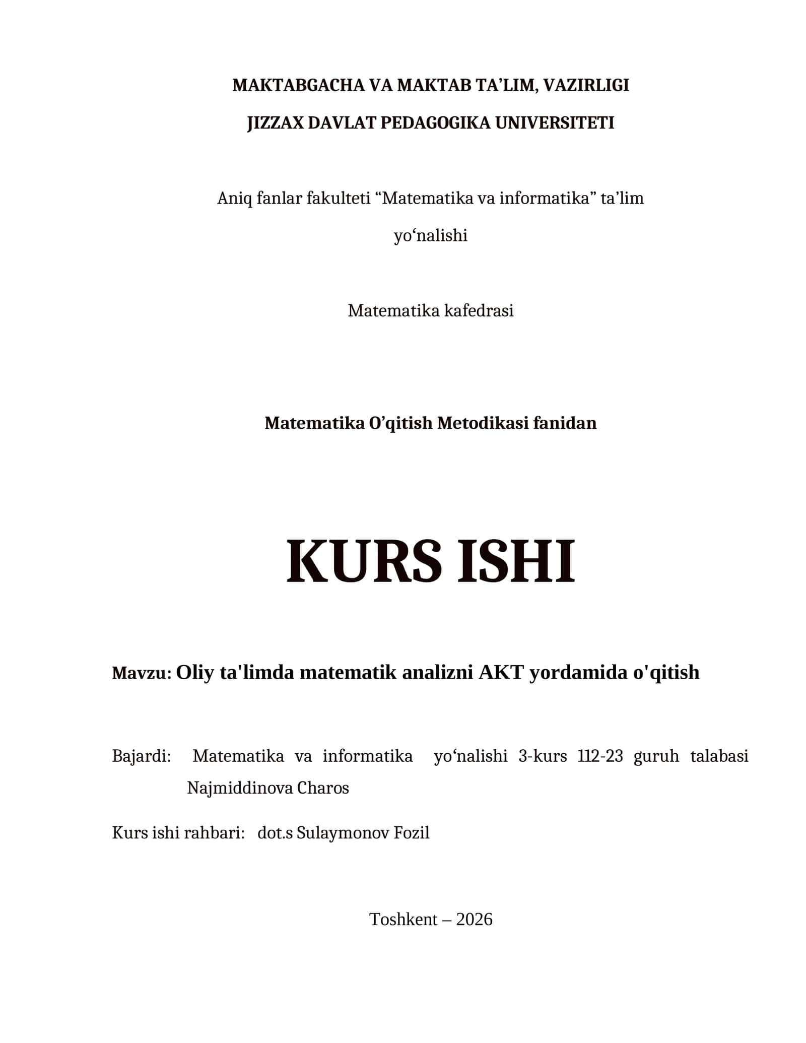 Oliy ta'limda matematik analizni AKT yordamida o'qitish 1