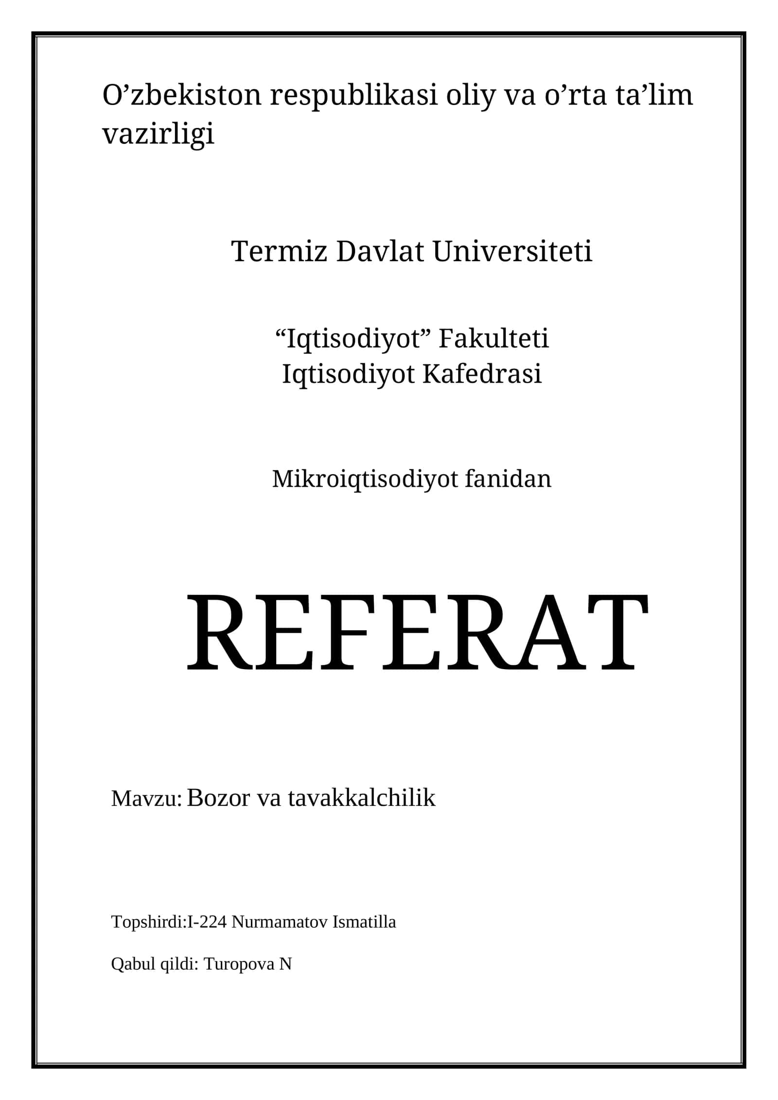 Bozor va tavakkalchilik 1