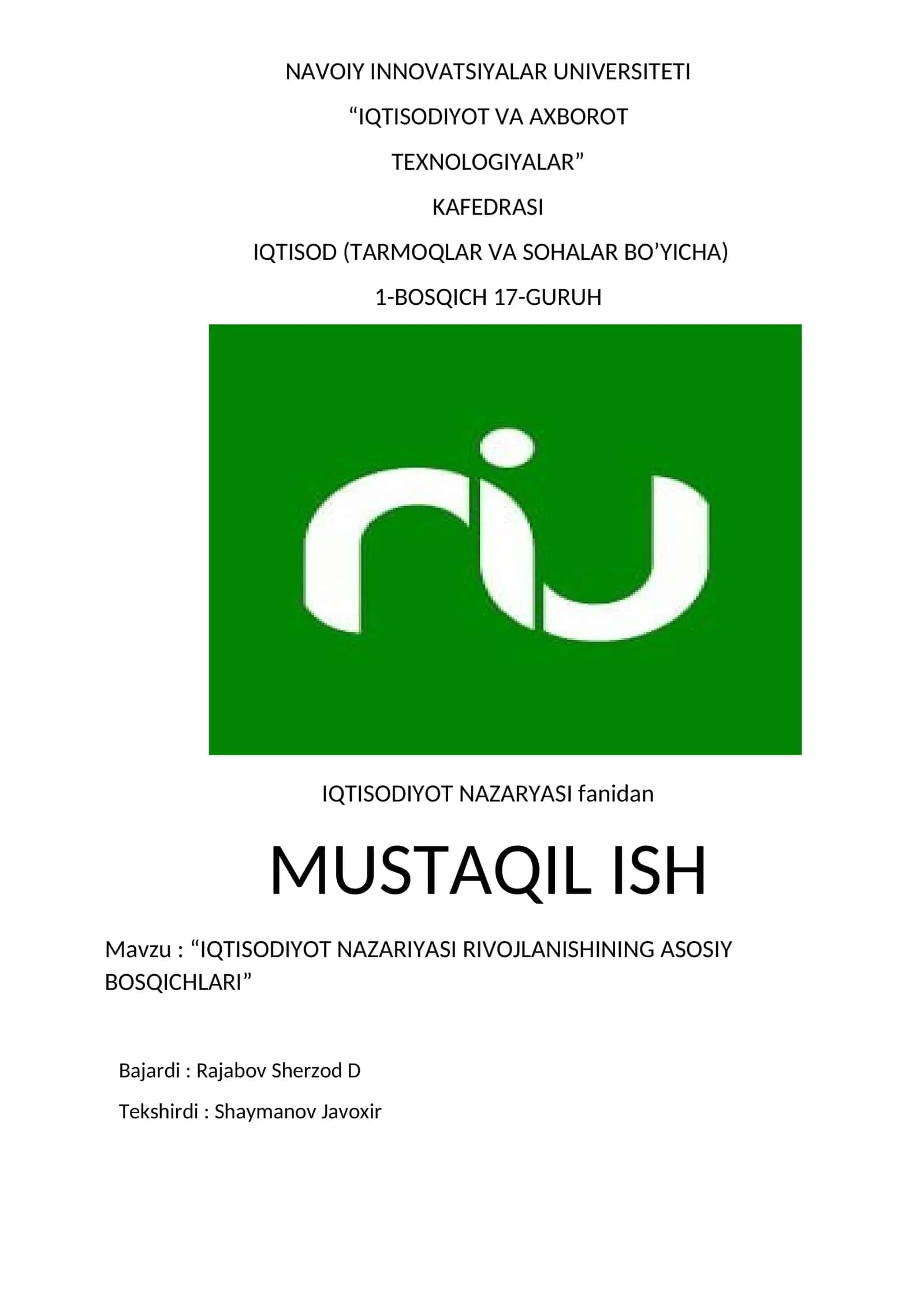 IQTISODIYOT NAZARIYASI RIVOJLANISHINING ASOSIY BOSQICHLARI 1