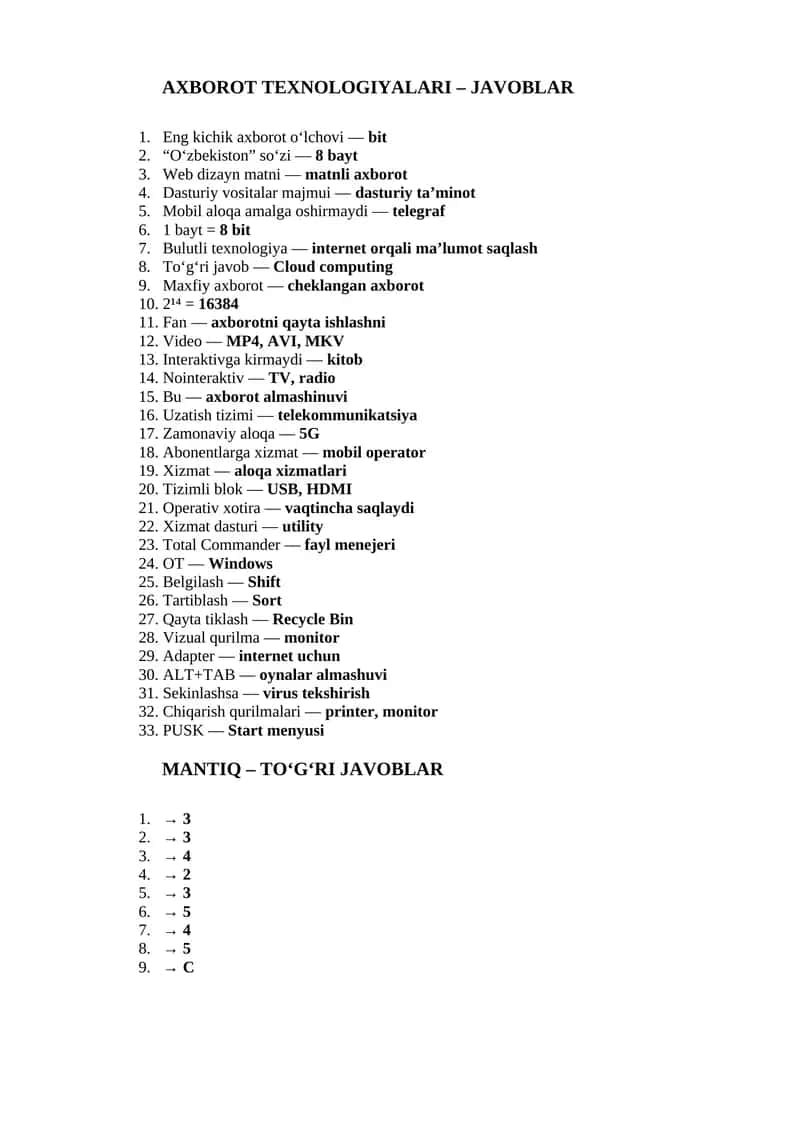 AXBOROT TEXNOLOGIYALARI – JAVOBLAR 1