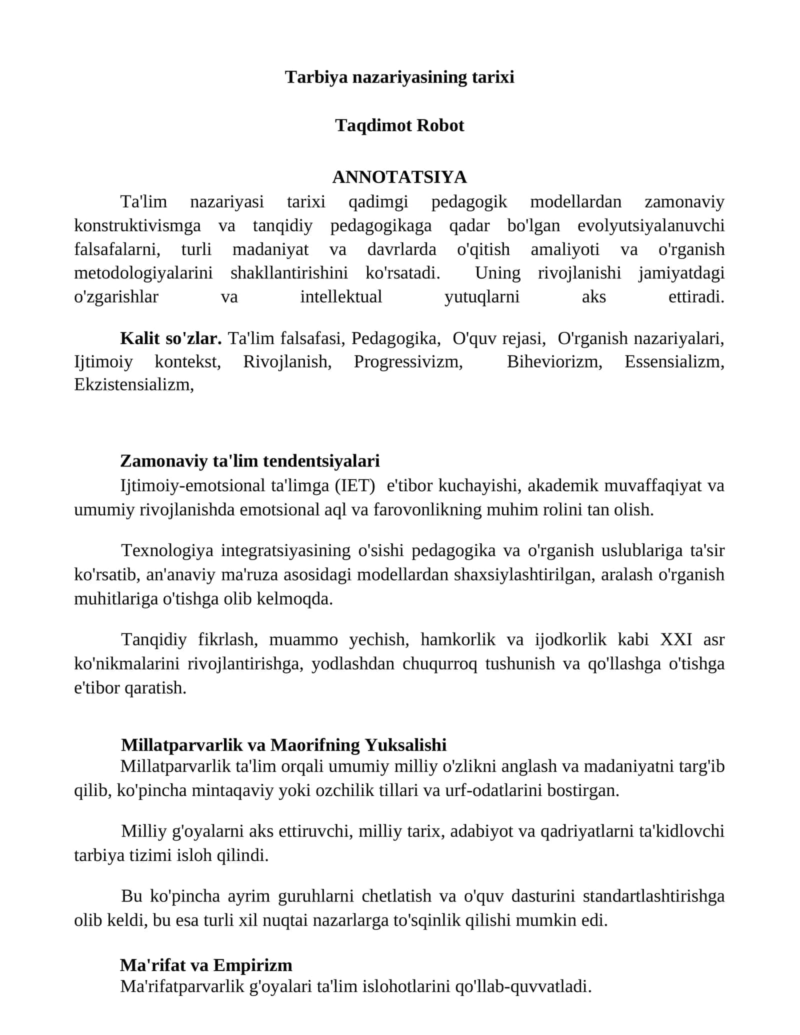 Tarbiya nazariyasining tarixi 1