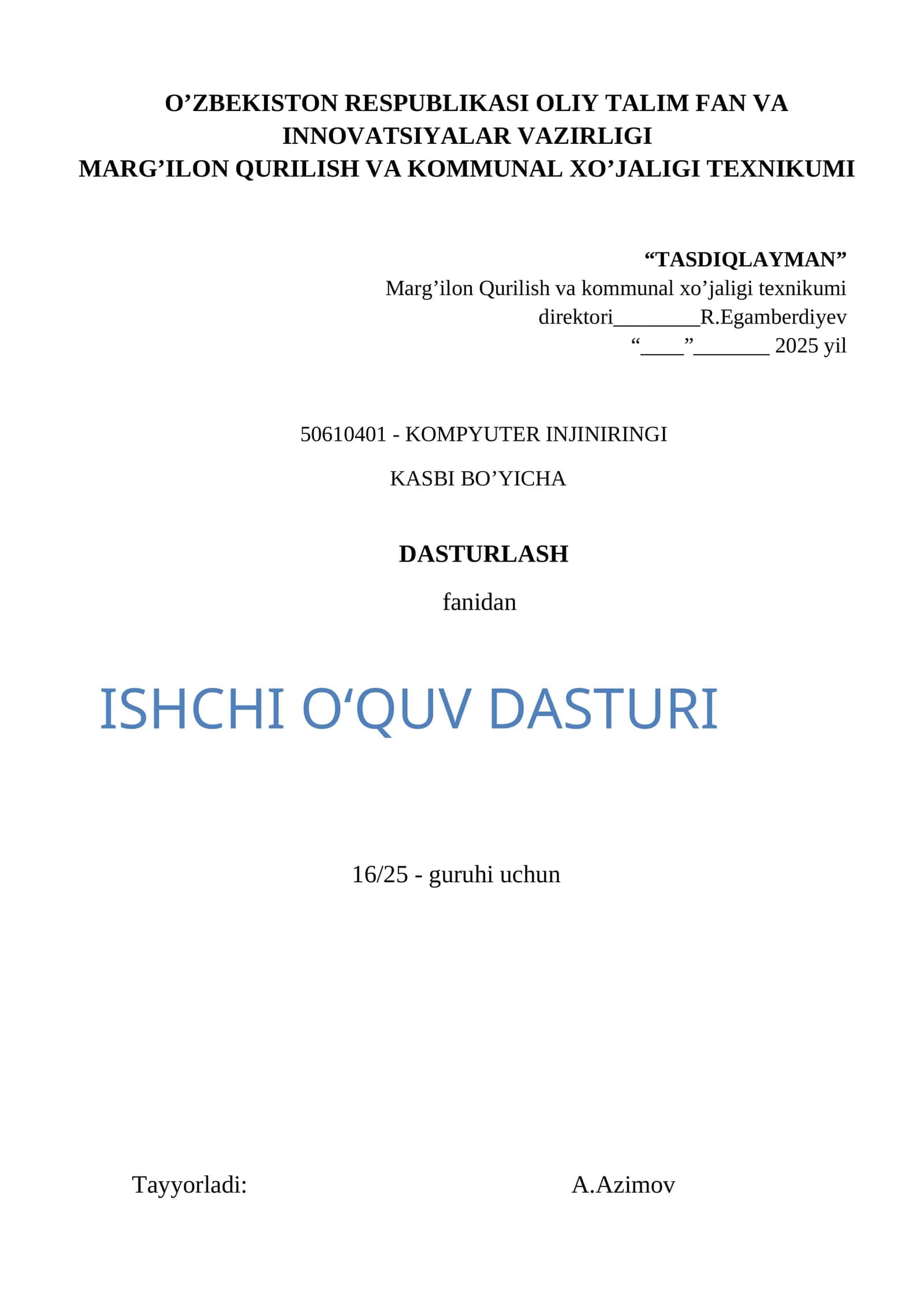 Dasturlash fanidan ishchi o'quv reja va taqvimiy mavzular rejasi 1