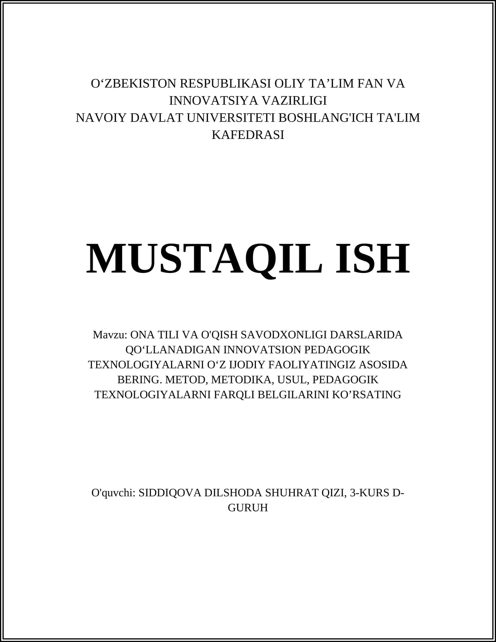ONA TILI VA O'QISH SAVODXONLIGI DARSLARIDA INNOVATSION PEDAGOGIK TEXNOLOGIYALAR 1