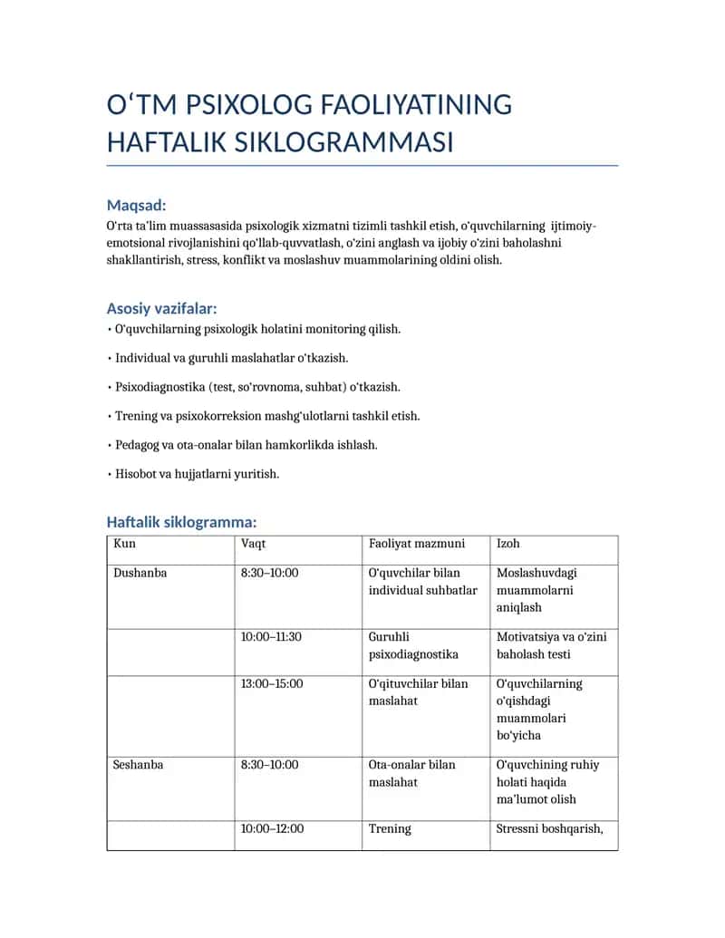 O‘TM PSIXOLOG FAOLIYATINING HAFTALIK SIKLOGRAMMASI 1