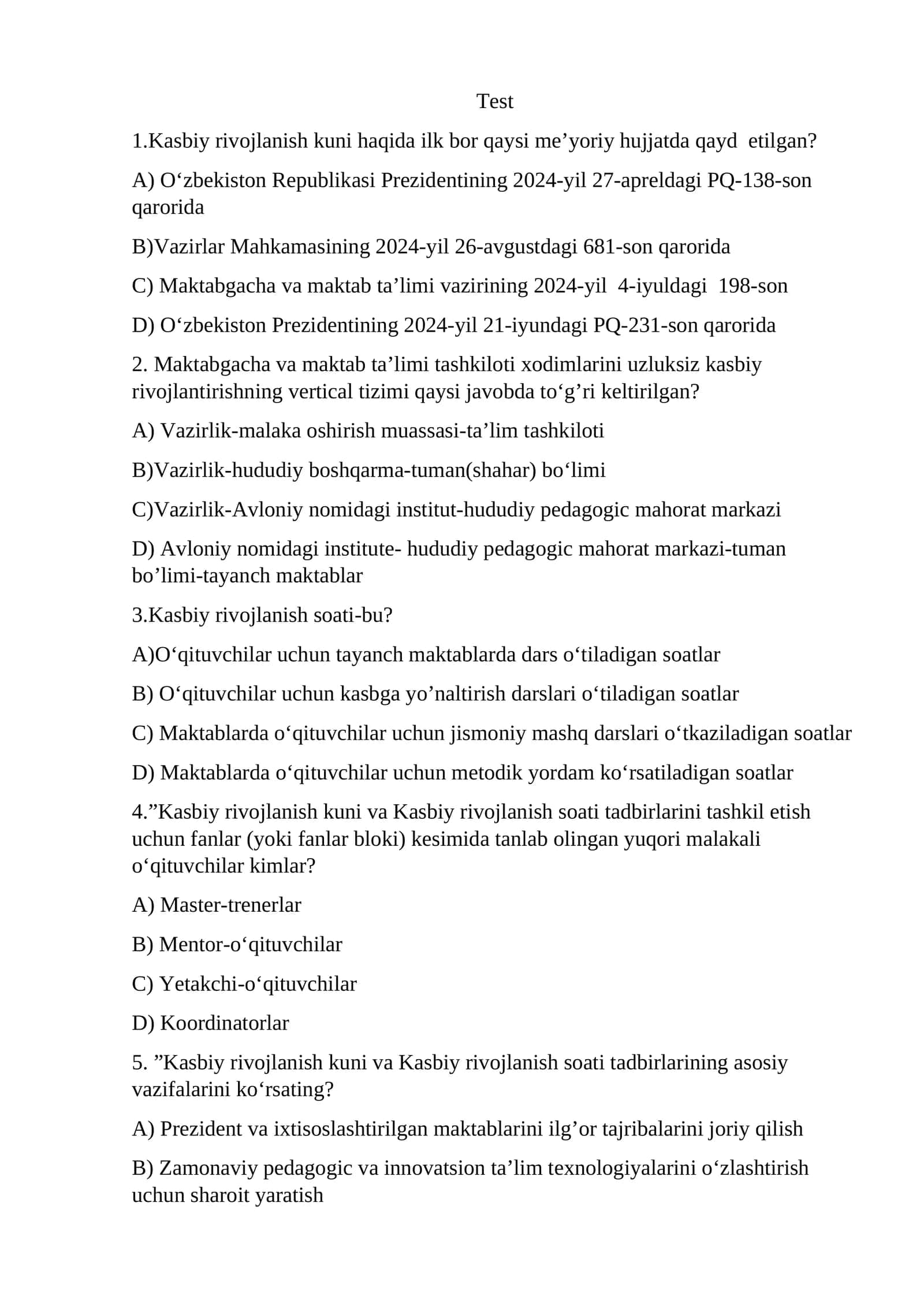 Kasbiy rivojlanish kuni testlar 1