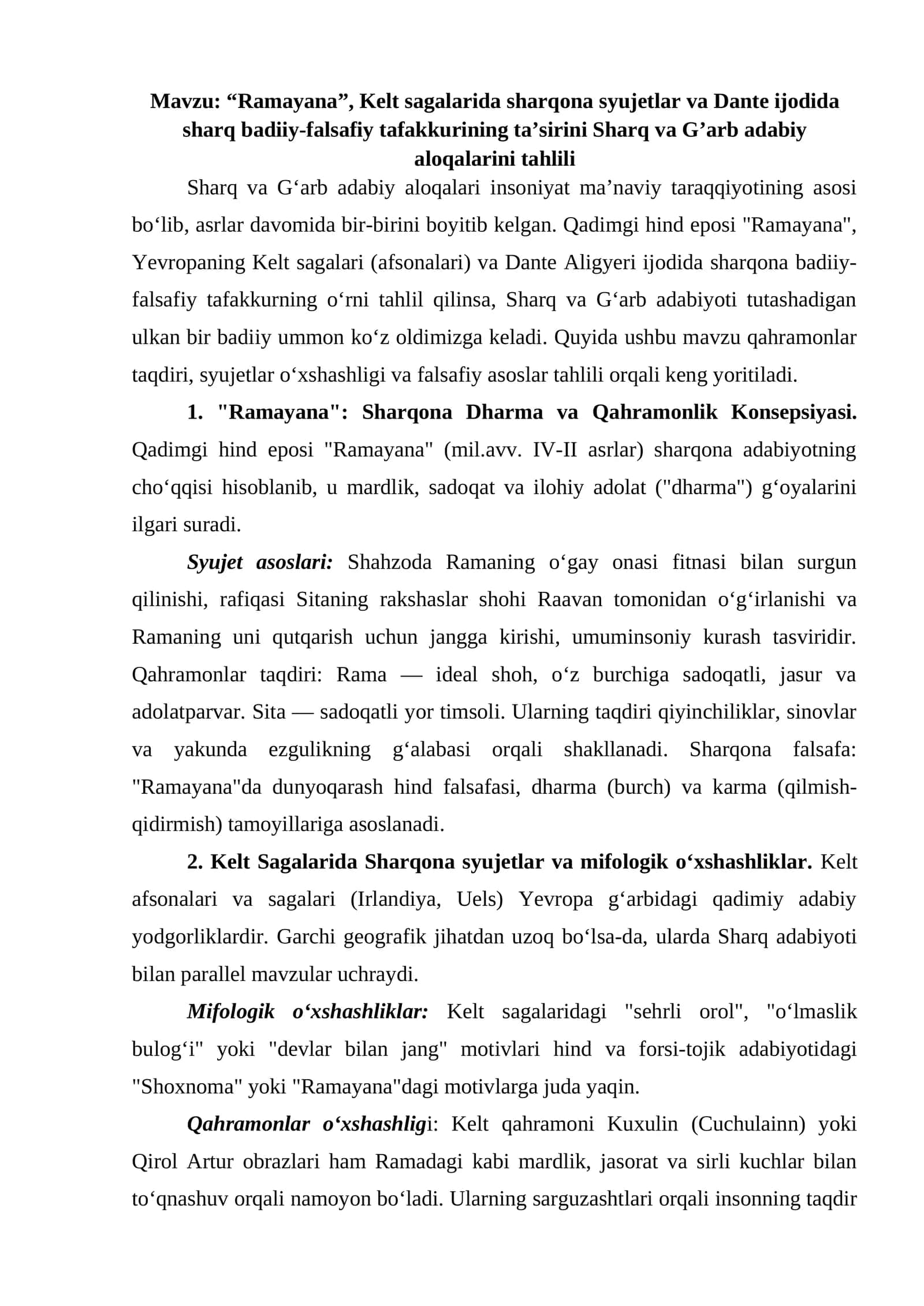“Ramayana”, Kelt sagalarida sharqona syujetlar va Dante ijodida sharq badiiy-falsafiy tafakkurining ta’sirini Sharq va G’arb adabiy aloqalarini tahlili 1