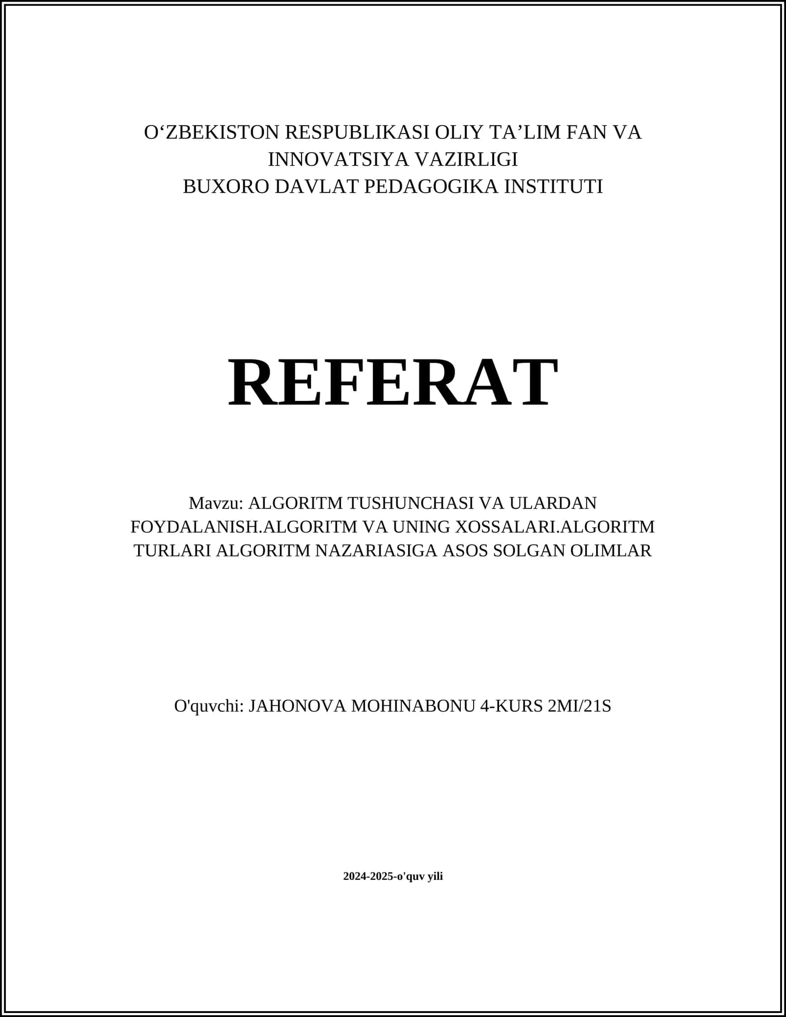 ALGORITM TUSHUNCHASI VA ULARDAN FOYDALANISH 1