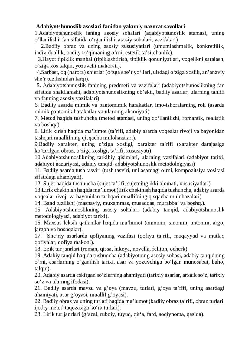 Adabiyotshunoslik asoslari fanidan yakuniy nazorat savollari 1
