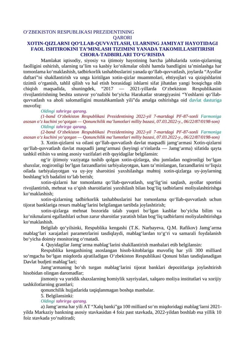 XOTIN-QIZLARNI QO‘LLAB-QUVVATLASH, ULARNING JAMIYAT HAYOTIDAGI FAOL ISHTIROKINI TA’MINLASH TIZIMINI YANADA TAKOMILLASHTIRISH CHORA-TADBIRLARI TO‘G‘RISIDA 1