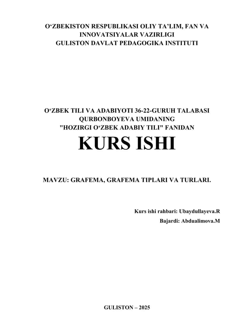 "HOZIRGI O‘ZBEK ADABIY TILI" FANIDAN KURS ISHI 1