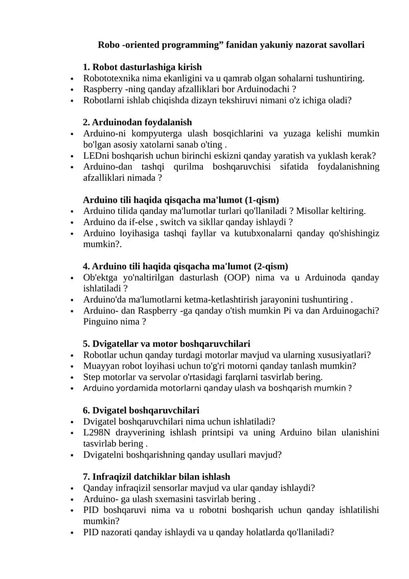 Robo -oriented programming” fanidan yakuniy nazorat savollari 1
