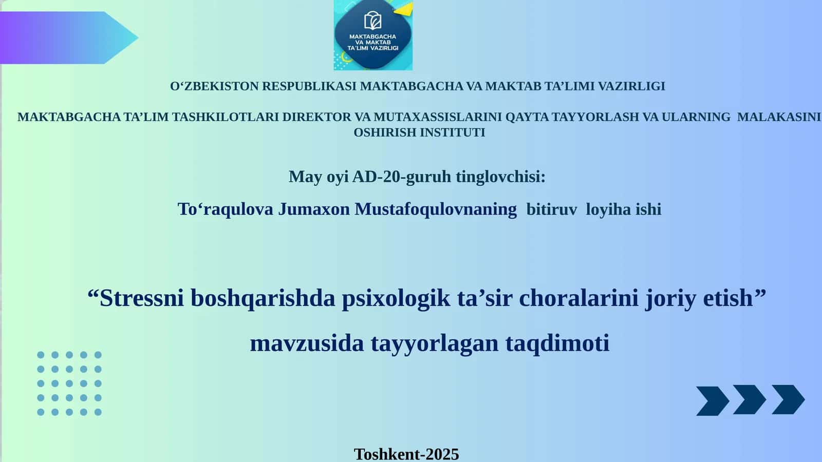 Stressni boshqarishda psixologik ta'sir choralarini joriy etish 1