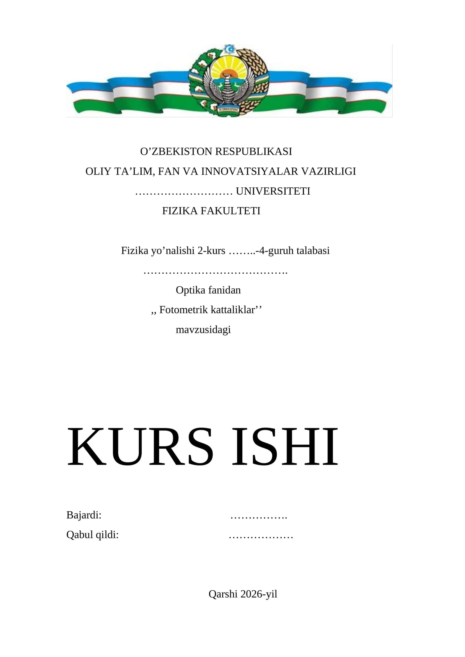 Fotometrik kattaliklar mavzusida tayyor kurs ishi 1